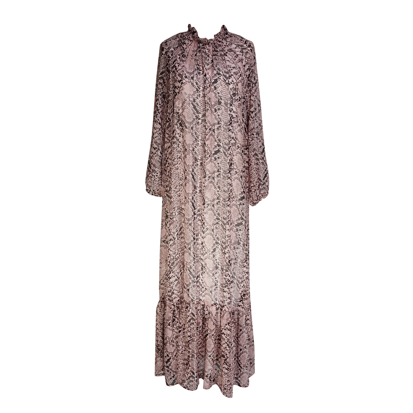 jennafer grace Rosey Boa Raglan Maxi Dress semi-sheer mauve pink with black snakeskin print long sleeve dress with high neck cinched waist tie tiered skirt bishop sleeve evening boho bohemian hippie romantic whimsical handmade in California USA