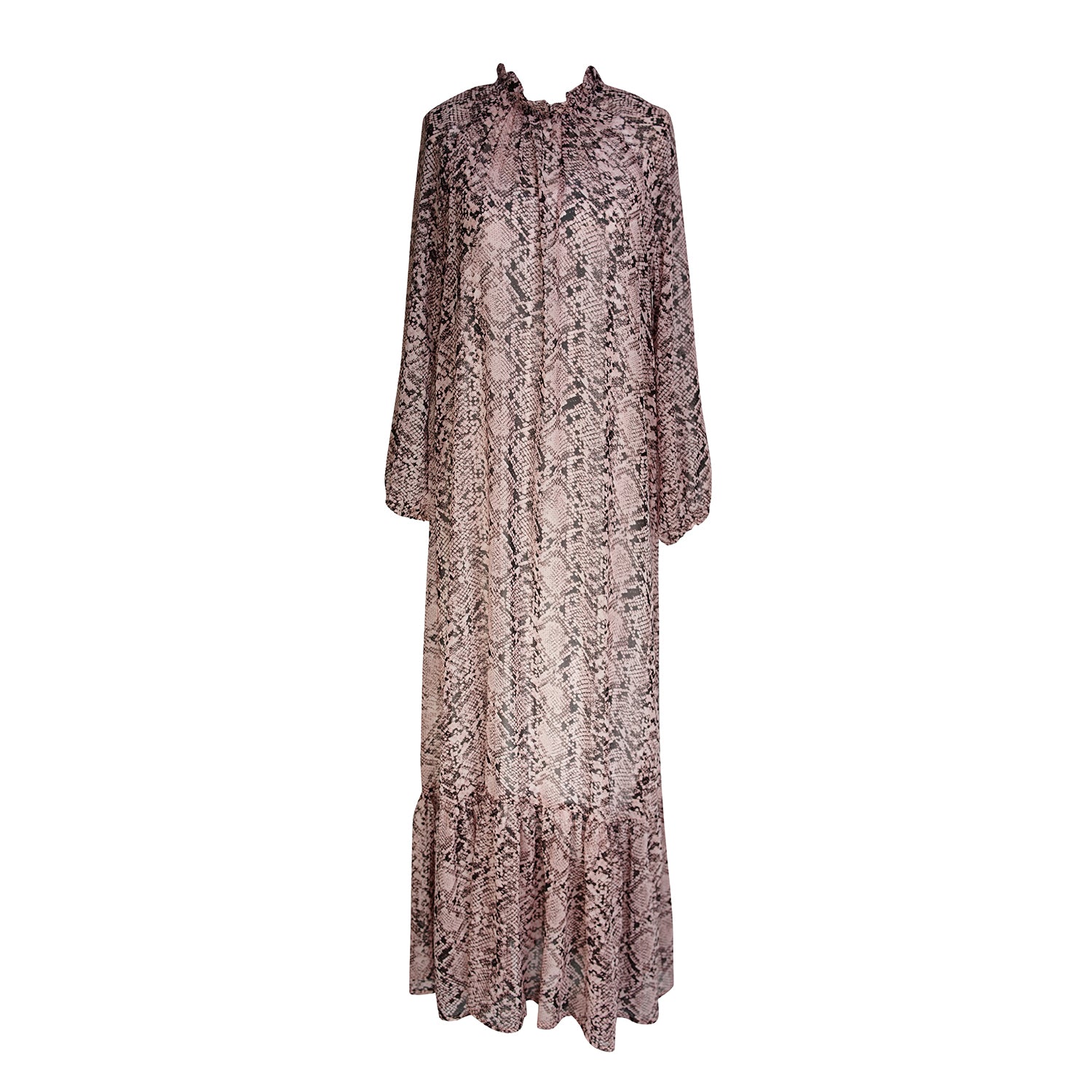 jennafer grace Rosey Boa Raglan Maxi Dress semi-sheer mauve pink with black snakeskin print long sleeve dress with high neck cinched waist tie tiered skirt bishop sleeve evening boho bohemian hippie romantic whimsical handmade in California USA