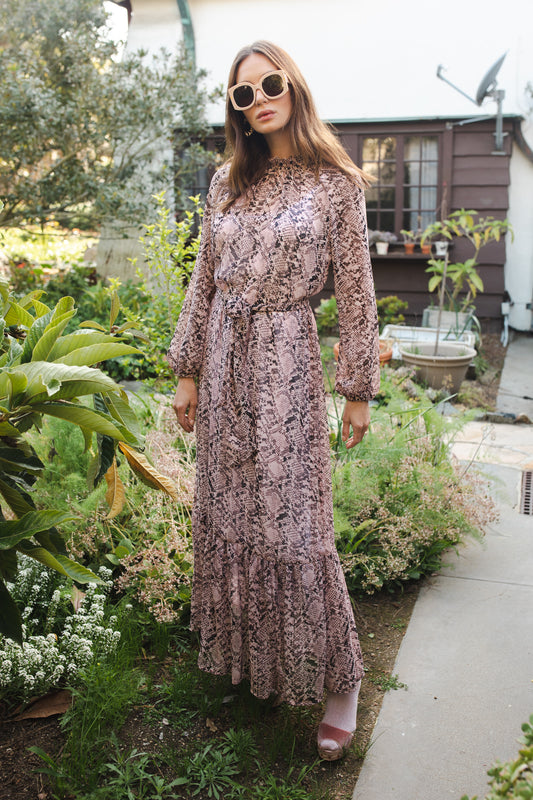 jennafer grace Rosey Boa Raglan Maxi Dress semi-sheer mauve pink with black snakeskin print long sleeve dress with high neck cinched waist tie tiered skirt bishop sleeve evening boho bohemian hippie romantic whimsical handmade in California USA