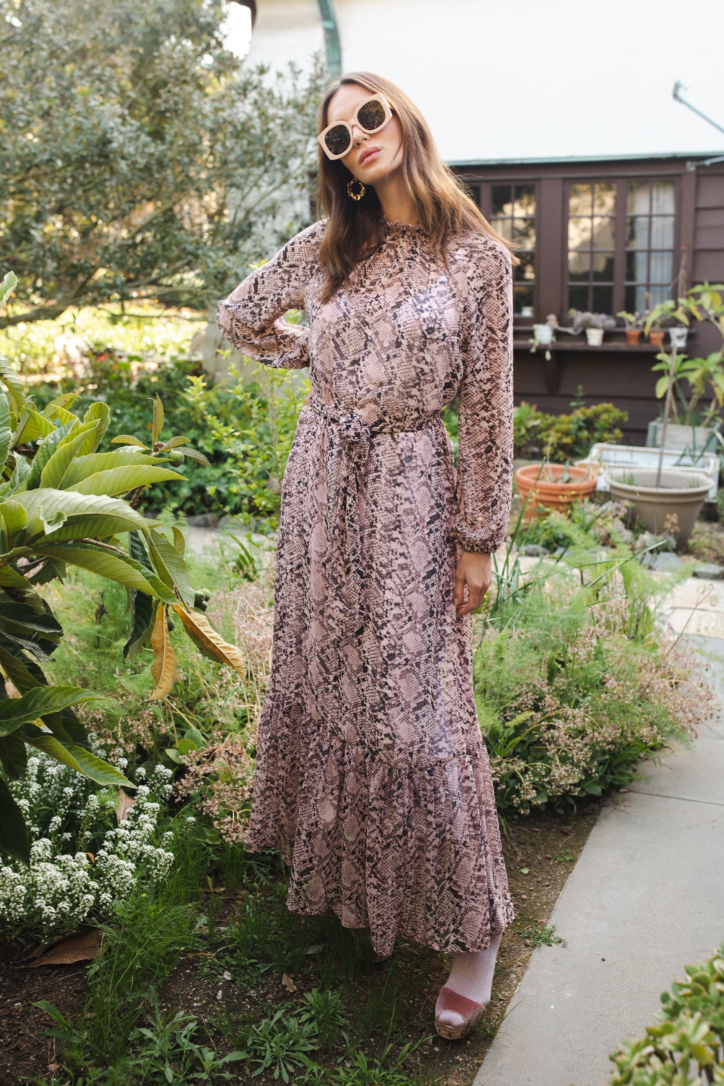jennafer grace Rosey Boa Raglan Maxi Dress semi-sheer mauve pink with black snakeskin print long sleeve dress with high neck cinched waist tie tiered skirt bishop sleeve evening boho bohemian hippie romantic whimsical handmade in California USA