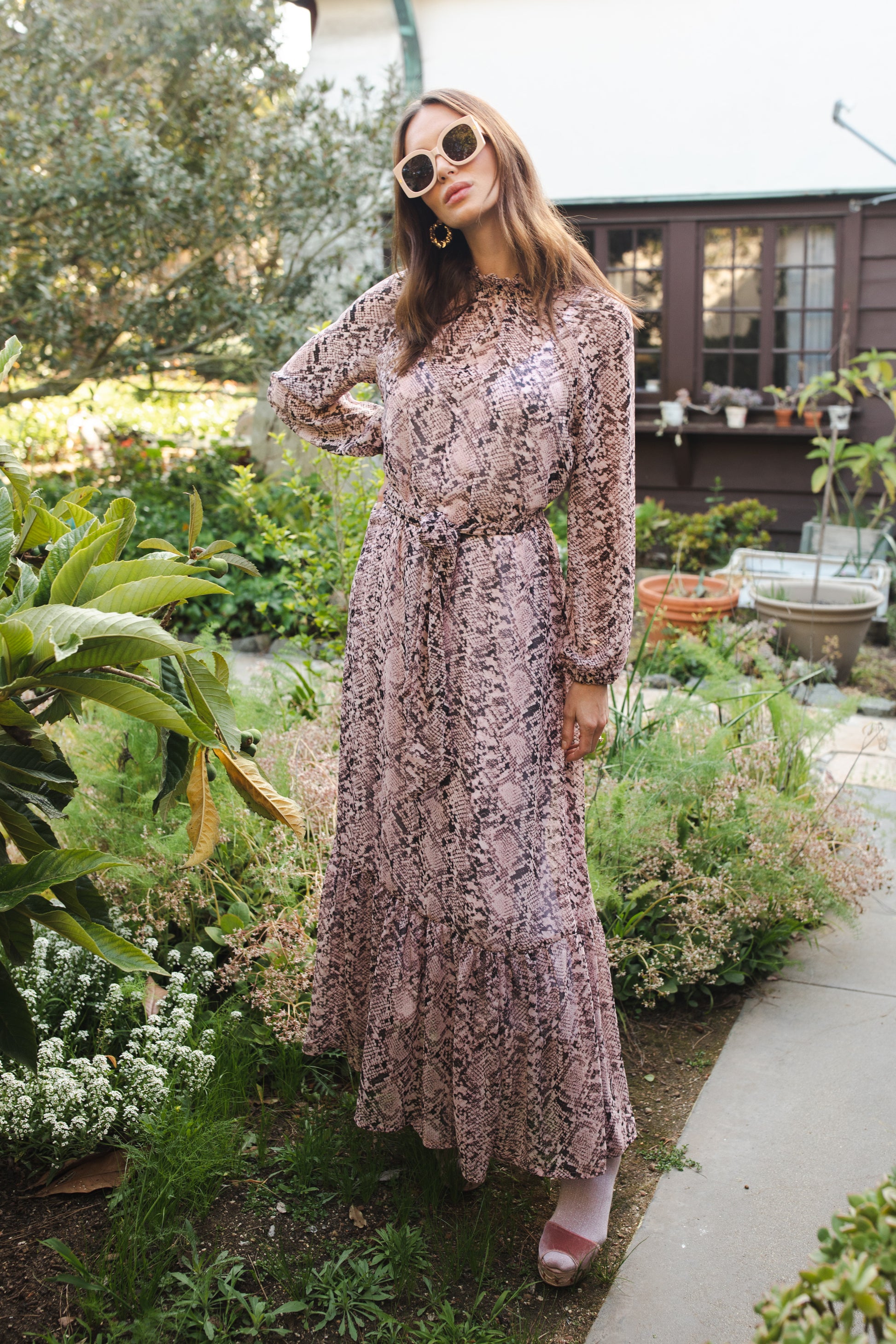 jennafer grace Rosey Boa Raglan Maxi Dress semi-sheer mauve pink with black snakeskin print long sleeve dress with high neck cinched waist tie tiered skirt bishop sleeve evening boho bohemian hippie romantic whimsical handmade in California USA