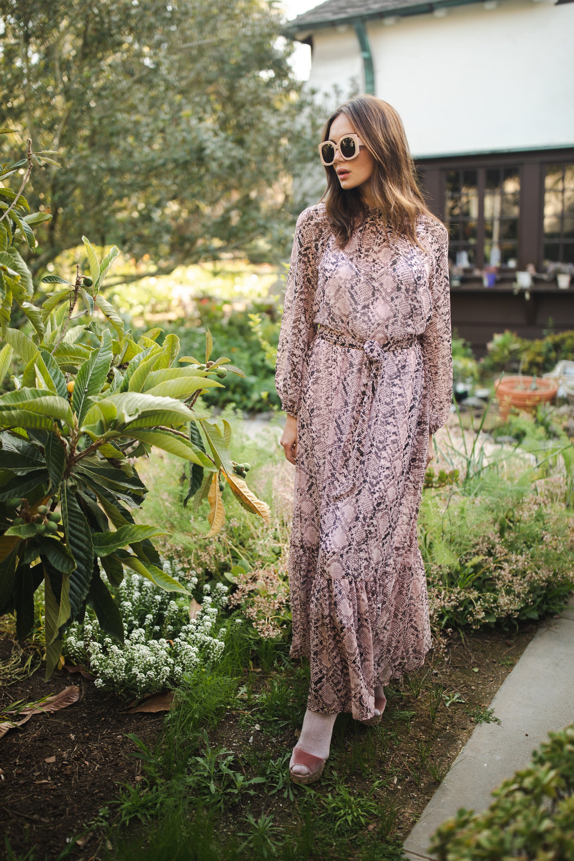 jennafer grace Rosey Boa Raglan Maxi Dress semi-sheer mauve pink with black snakeskin print long sleeve dress with high neck cinched waist tie tiered skirt bishop sleeve evening boho bohemian hippie romantic whimsical handmade in California USA
