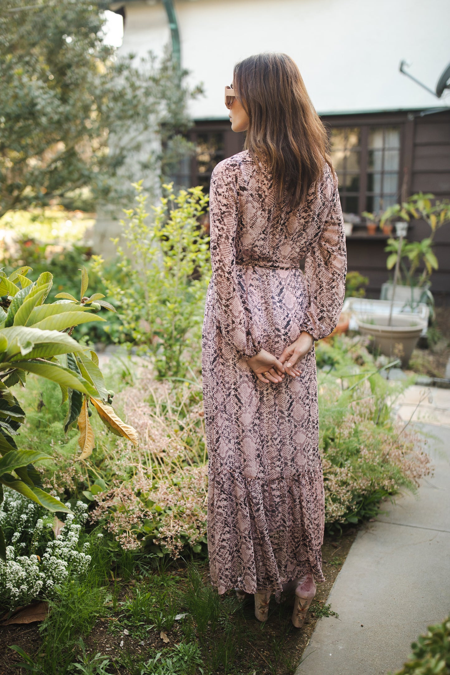 jennafer grace Rosey Boa Raglan Maxi Dress semi-sheer mauve pink with black snakeskin print long sleeve dress with high neck cinched waist tie tiered skirt bishop sleeve evening boho bohemian hippie romantic whimsical handmade in California USA