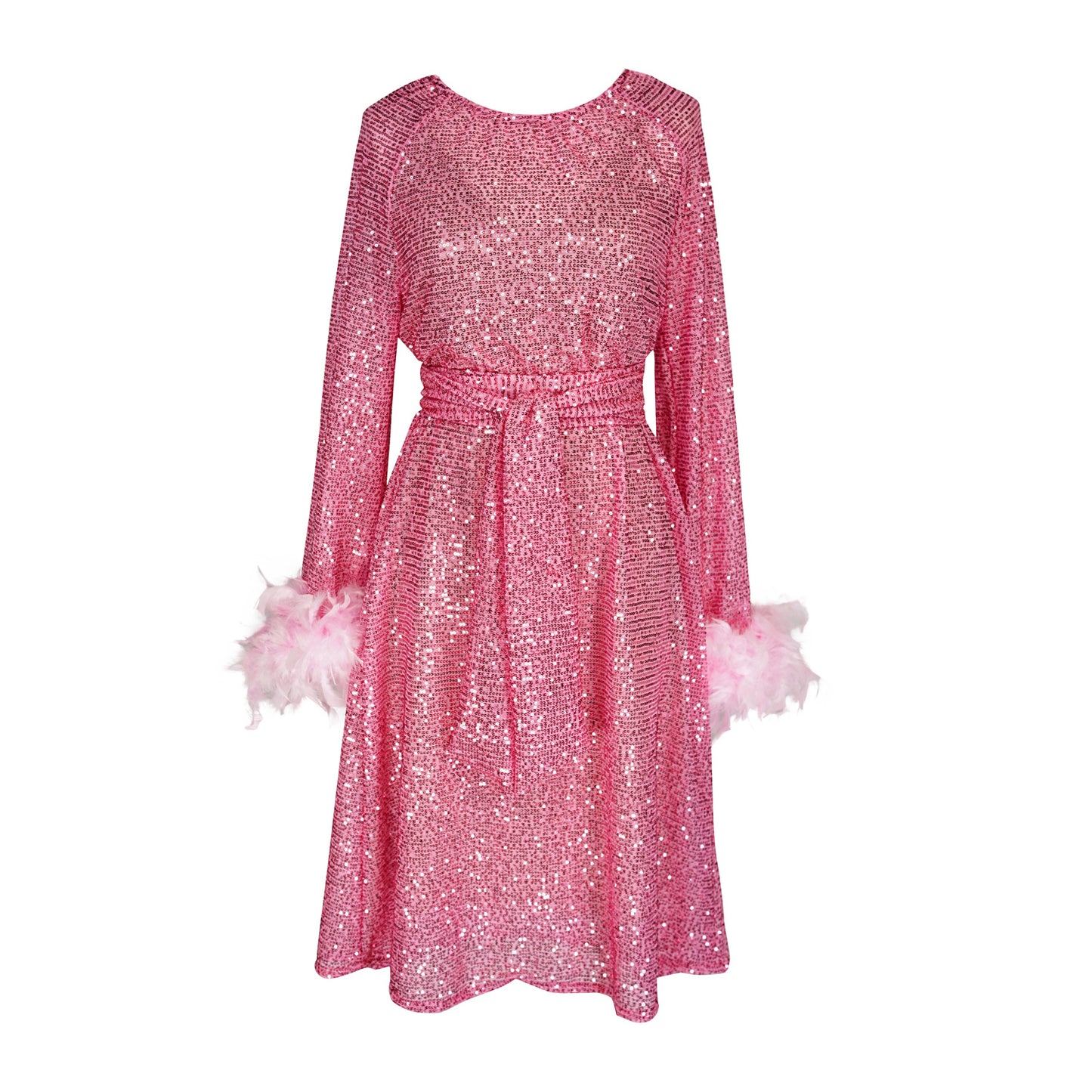 Jennafer Grace light pink flamingo sequins dress. Featuring a boat neck, generous bishop sleeves with light pink feather detail at sleeve hem, flowing midi length maxi skirt, and a slim matching sash for a cinched waist.