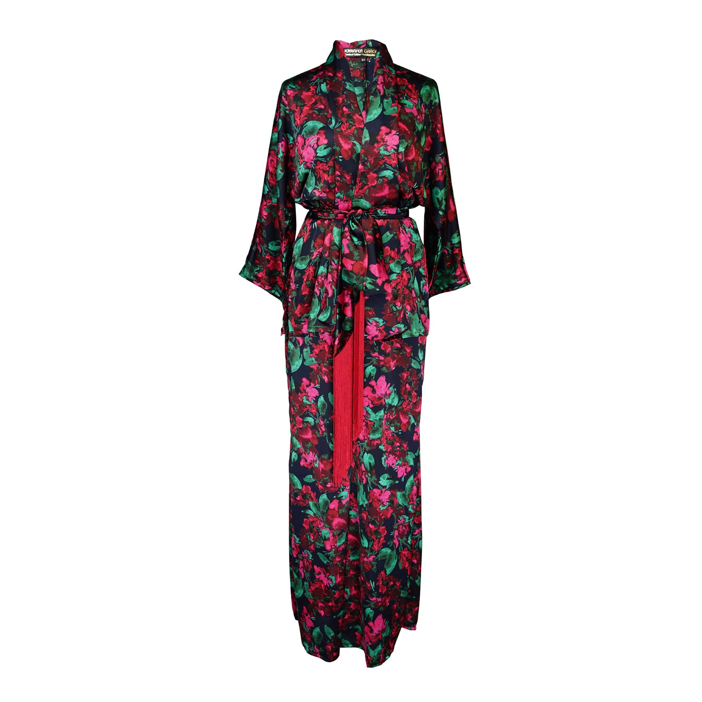 jennafer grace Seraphina dolman palazzo set silky black georgette with loud hot pink fuchsia floral print with vivid green leaves matching co-ord coord set wrap blouse top with tasseled belt and palazzo pant with pockets and elastic waist boho bohemian hippie romantic whimsical glamorous pajamas pjs glam lounge wear handmade in california usa