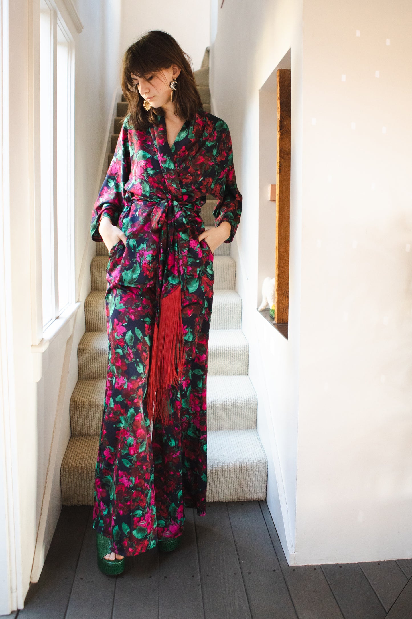 jennafer grace Seraphina dolman palazzo set silky black georgette with loud hot pink fuchsia floral print with vivid green leaves matching co-ord coord set wrap blouse top with tasseled belt and palazzo pant with pockets and elastic waist boho bohemian hippie romantic whimsical glamorous pajamas pjs glam lounge wear handmade in california usa