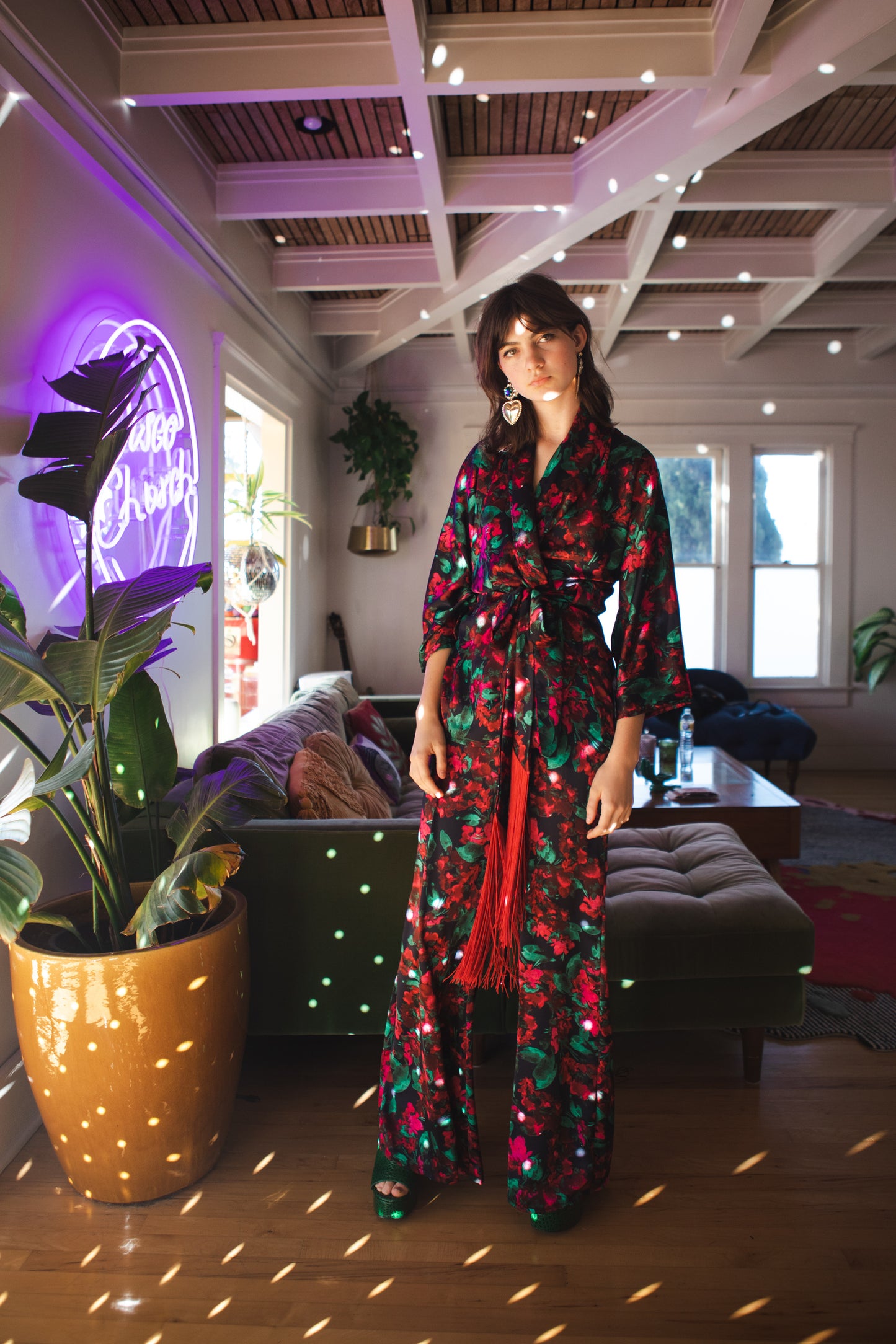 jennafer grace Seraphina dolman palazzo set silky black georgette with loud hot pink fuchsia floral print with vivid green leaves matching co-ord coord set wrap blouse top with tasseled belt and palazzo pant with pockets and elastic waist boho bohemian hippie romantic whimsical glamorous pajamas pjs glam lounge wear handmade in california usa