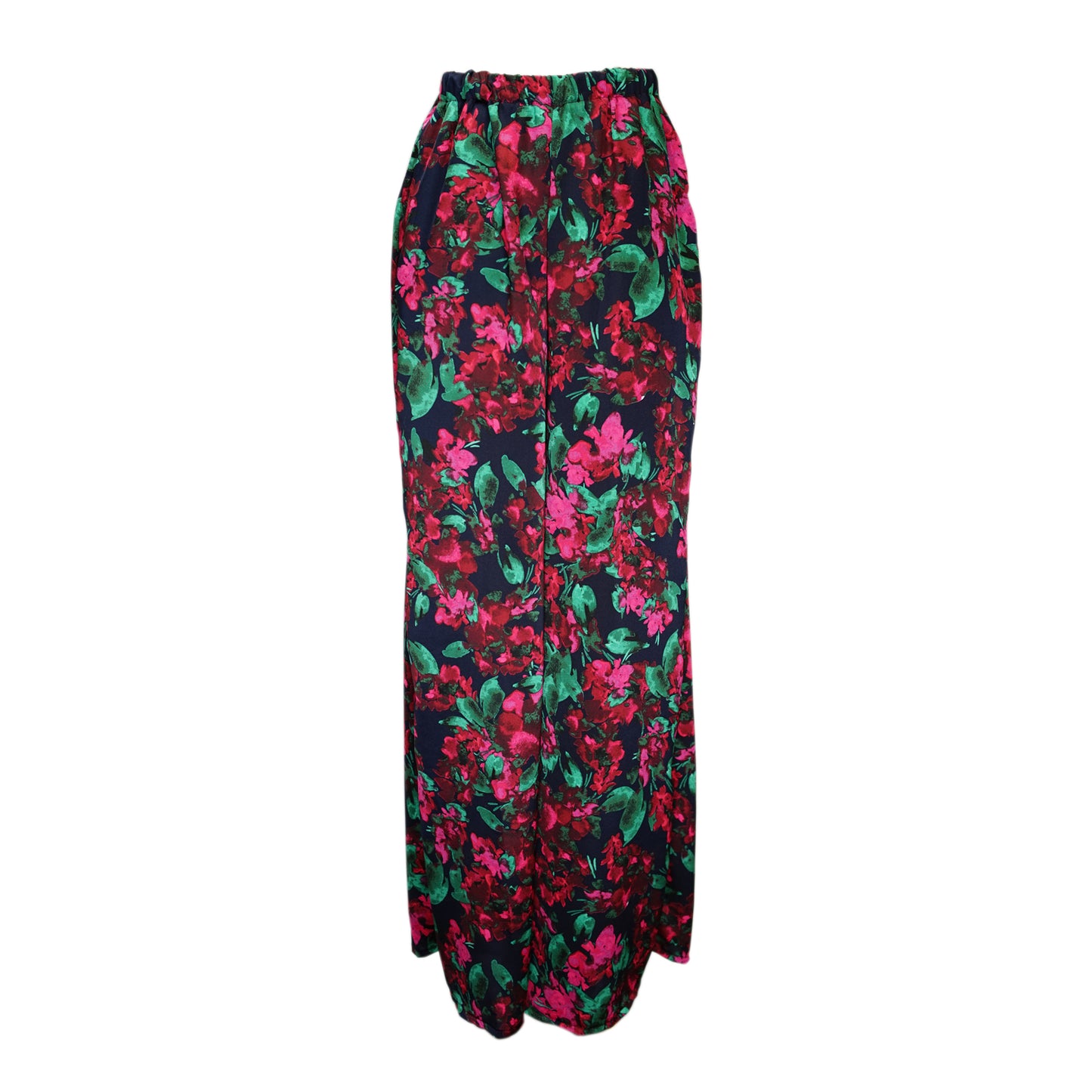 jennafer grace Seraphina dolman palazzo set silky black georgette with loud hot pink fuchsia floral print with vivid green leaves matching co-ord coord set wrap blouse top with tasseled belt and palazzo pant with pockets and elastic waist boho bohemian hippie romantic whimsical glamorous pajamas pjs glam lounge wear handmade in california usa