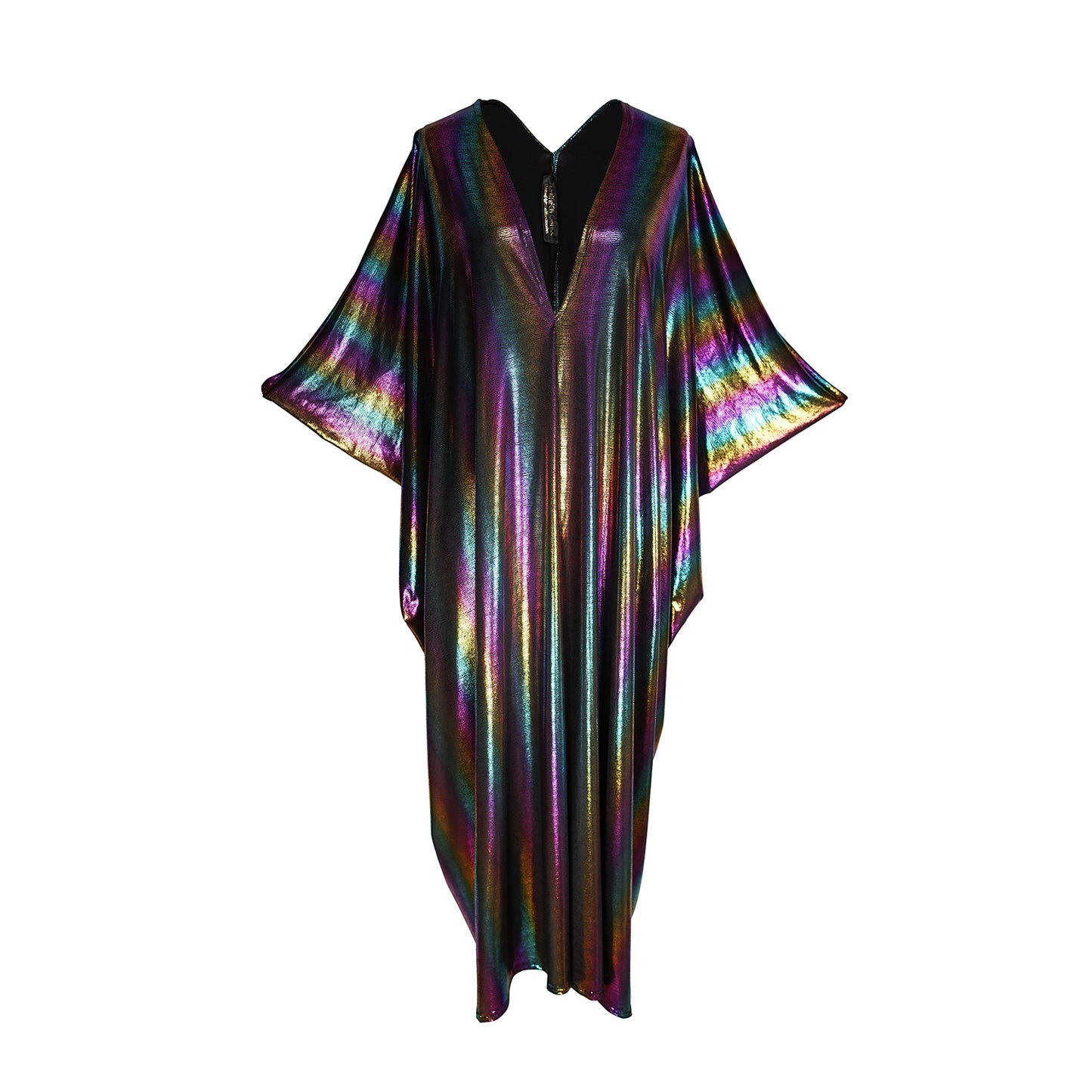 jennafer grace Serpent and the Rainbow caftan shiny shimmering dark opalescent rainbow coated jersey kaftan mumu shift dress coverup casual boho bohemian hippie romantic whimsical beach resort spa lounge loungewear layering unisex lgbtq pride handmade in California USA