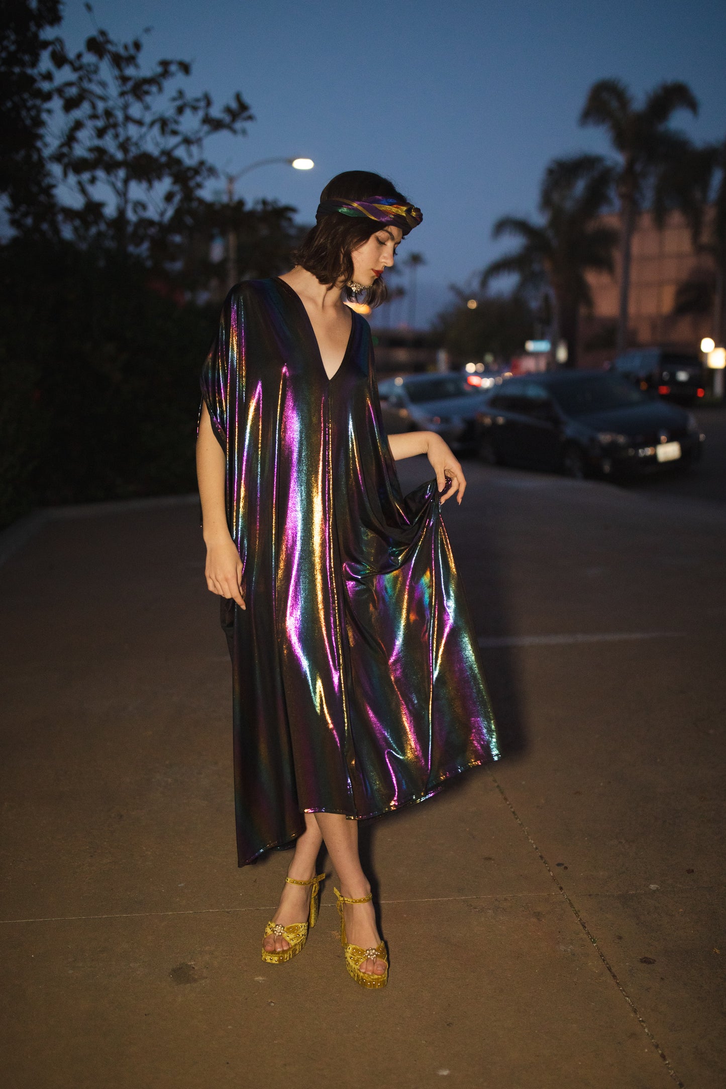 jennafer grace Serpent and the Rainbow caftan shiny shimmering dark opalescent rainbow coated jersey kaftan mumu shift dress coverup casual boho bohemian hippie romantic whimsical beach resort spa lounge loungewear layering unisex lgbtq pride handmade in California USA