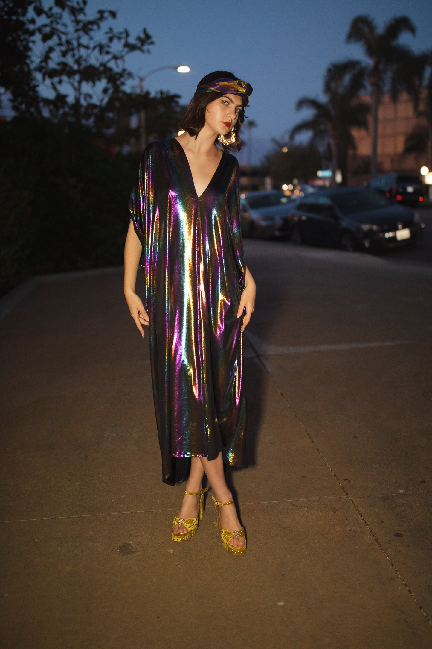 jennafer grace Serpent and the Rainbow caftan shiny shimmering dark opalescent rainbow coated jersey kaftan mumu shift dress coverup casual boho bohemian hippie romantic whimsical beach resort spa lounge loungewear layering unisex lgbtq pride handmade in California USA
