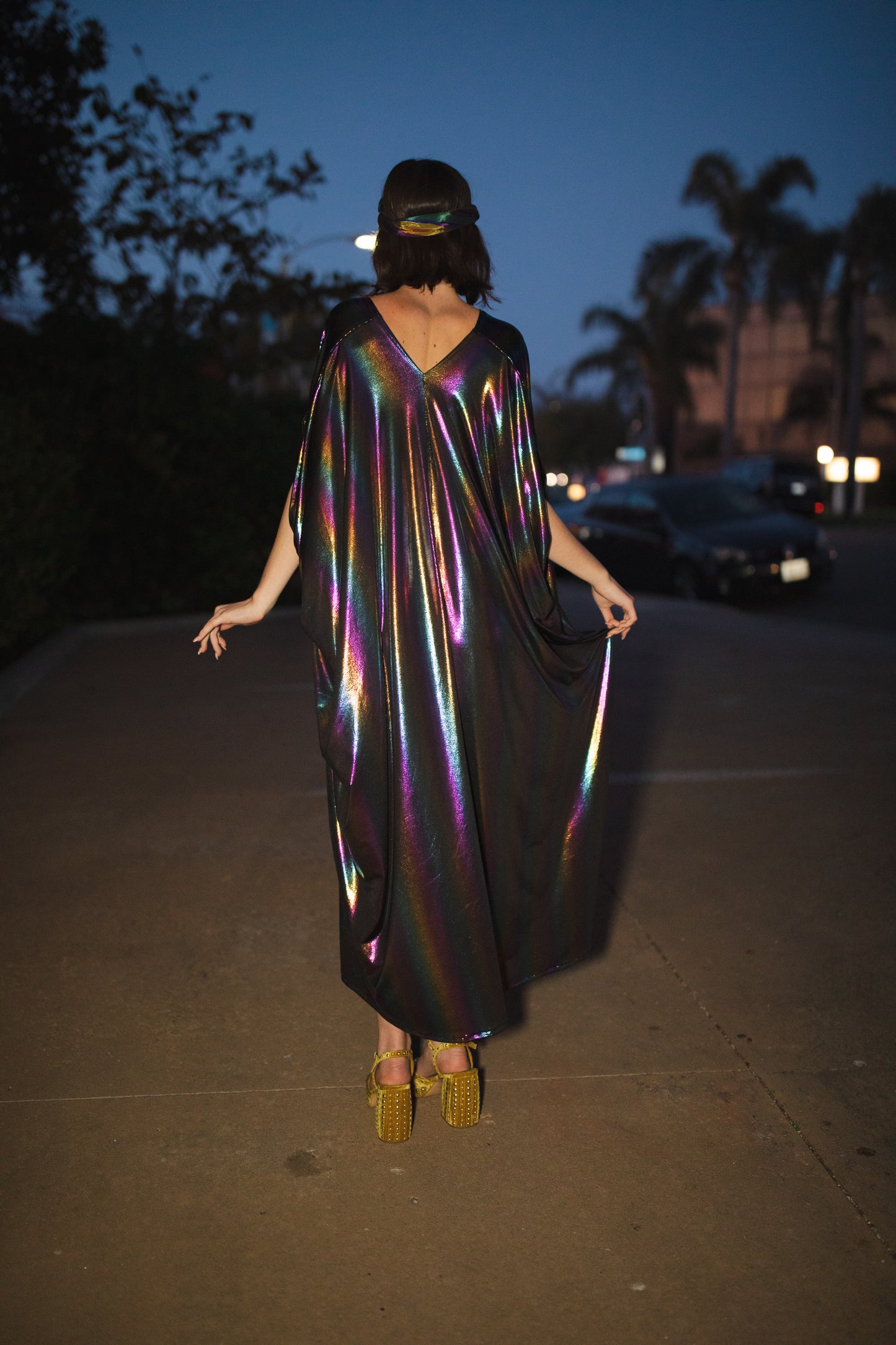 jennafer grace Serpent and the Rainbow caftan shiny shimmering dark opalescent rainbow coated jersey kaftan mumu shift dress coverup casual boho bohemian hippie romantic whimsical beach resort spa lounge loungewear layering unisex lgbtq pride handmade in California USA