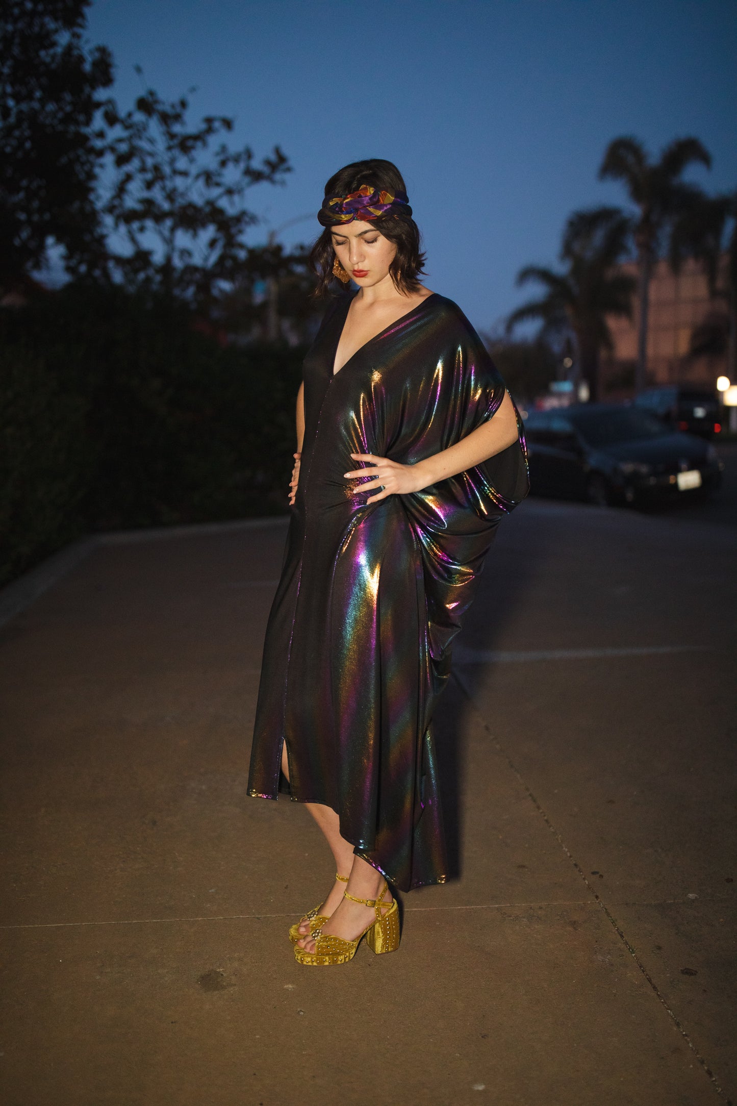 jennafer grace Serpent and the Rainbow caftan shiny shimmering dark opalescent rainbow coated jersey kaftan mumu shift dress coverup casual boho bohemian hippie romantic whimsical beach resort spa lounge loungewear layering unisex lgbtq pride handmade in California USA
