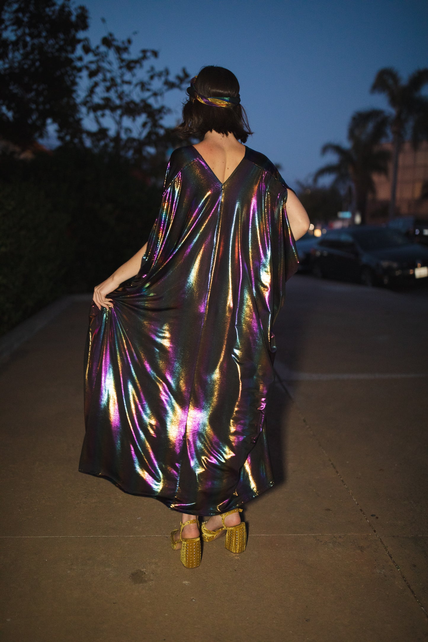 jennafer grace Serpent and the Rainbow caftan shiny shimmering dark opalescent rainbow coated jersey kaftan mumu shift dress coverup casual boho bohemian hippie romantic whimsical beach resort spa lounge loungewear layering unisex lgbtq pride handmade in California USA
