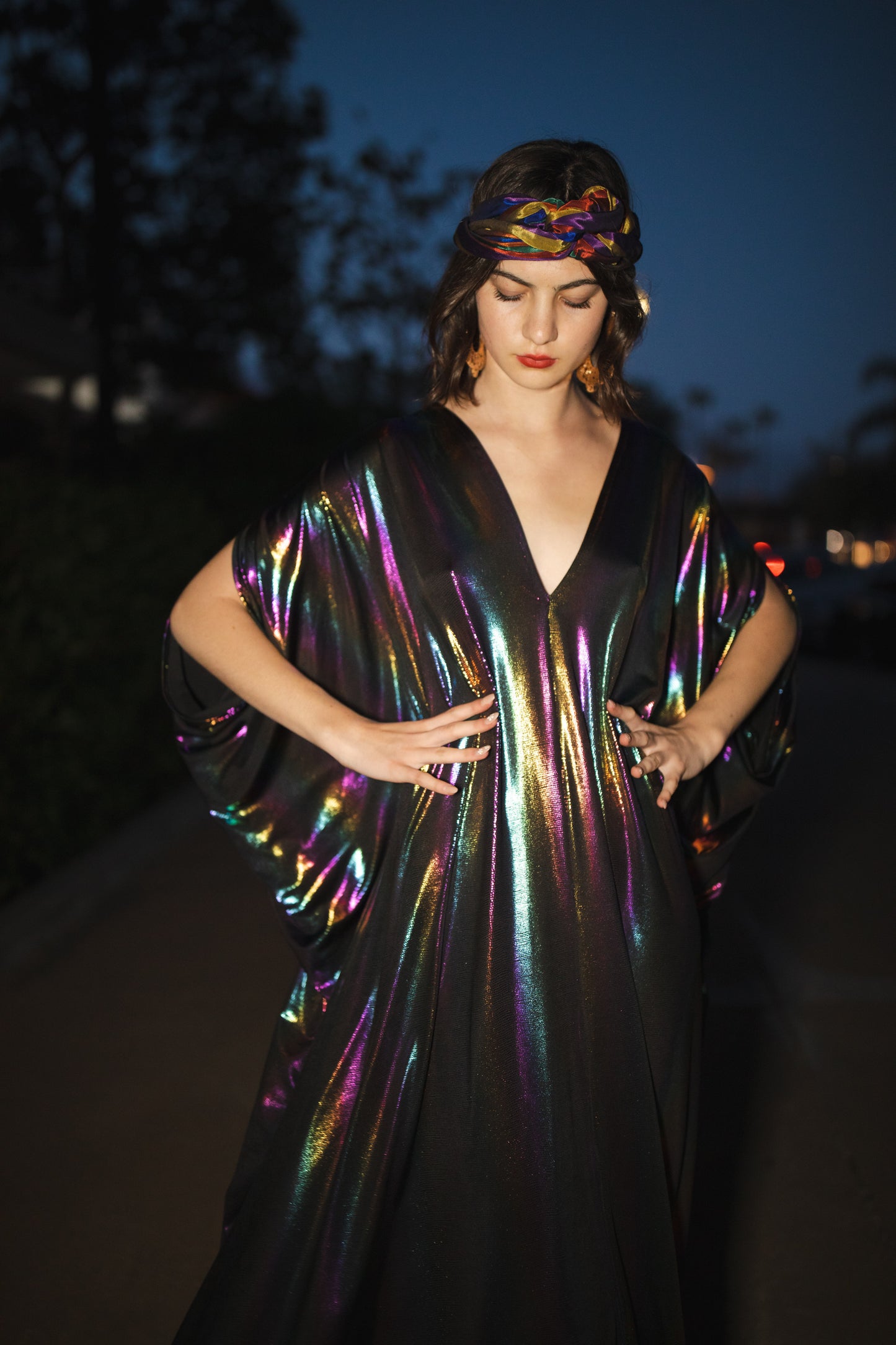 jennafer grace Serpent and the Rainbow caftan shiny shimmering dark opalescent rainbow coated jersey kaftan mumu shift dress coverup casual boho bohemian hippie romantic whimsical beach resort spa lounge loungewear layering unisex lgbtq pride handmade in California USA