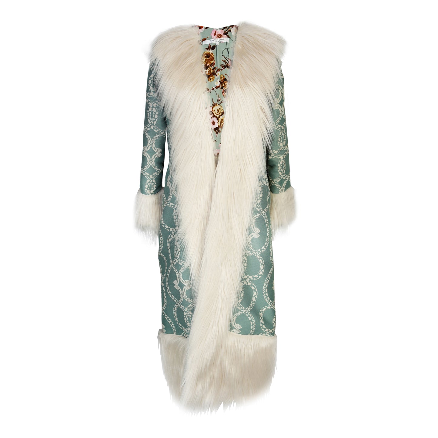 Long, penny lane style trench coat fashioned from a thick, mint green fabric embroidered with ivory snakes. Embellished with long ivory faux fur along collar, lapel, cuffs, and hem. Bohemian maximalism in style.