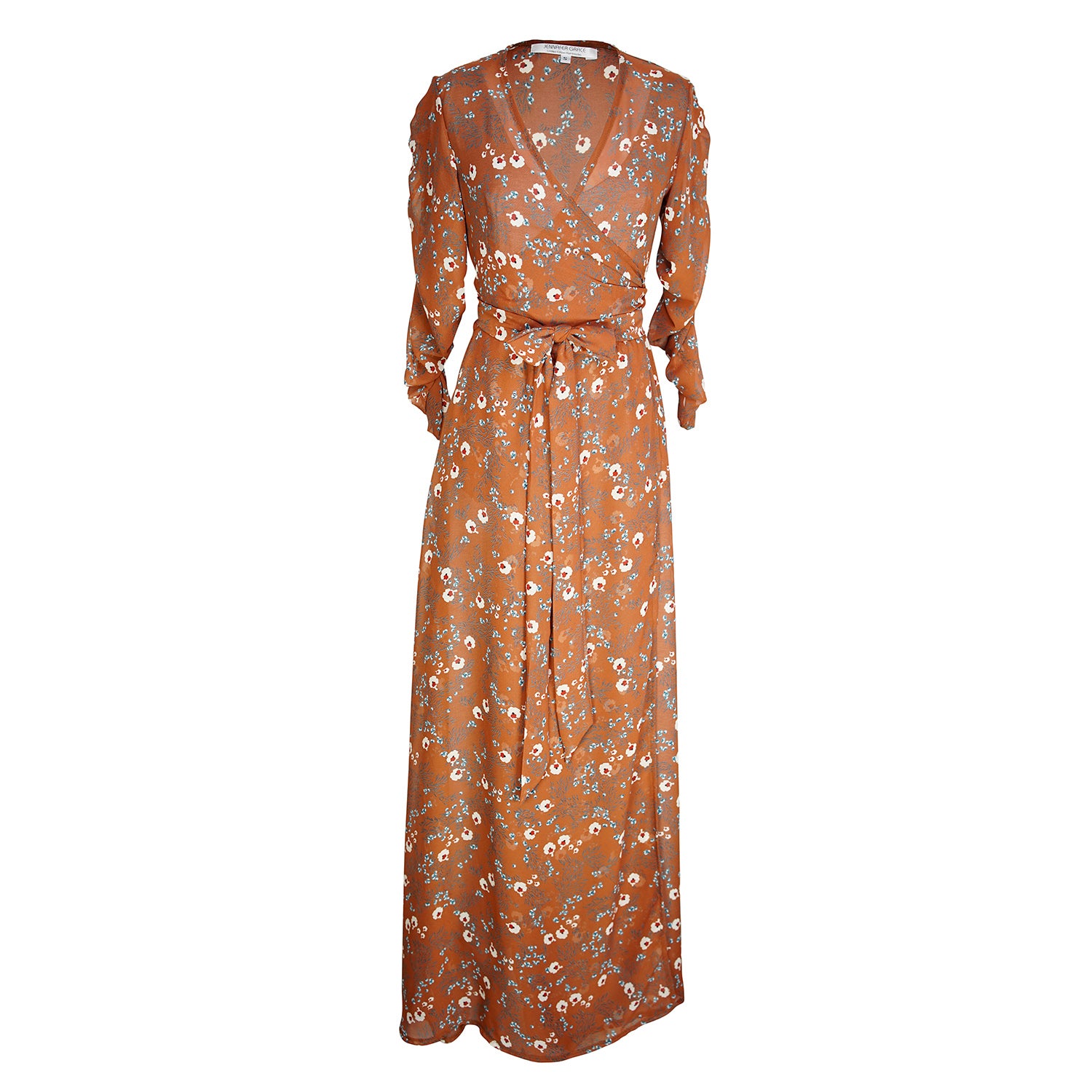 jennafer grace Signature Wrap Dress in Terracotta rustic terracotta orange red maxi dress with pastel floral flower print with long waist tie and ruched sleeves boho bohemian hippie romantic whimsical spring gown wedding guest dress unisex handmade