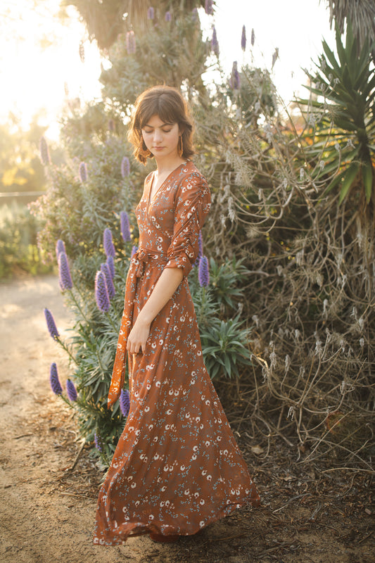 jennafer grace Signature Wrap Dress in Terracotta rustic terracotta orange red maxi dress with pastel floral flower print with long waist tie and ruched sleeves boho bohemian hippie romantic whimsical spring gown wedding guest dress unisex handmade