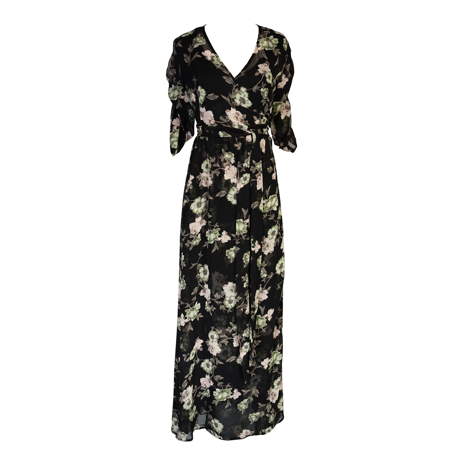 jennafer grace Signature Wrap Dress in Noir Garden onyx black maxi dress with pastel floral flower print with long waist tie and ruched sleeves boho bohemian hippie romantic whimsical spring gown wedding guest dress unisex handmade