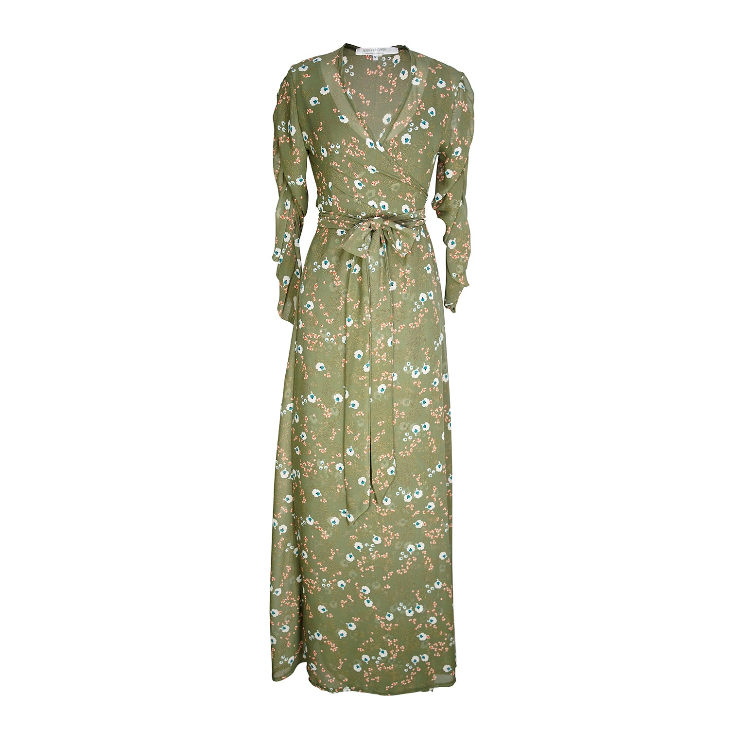 jennafer grace Signature Wrap Dress in Sage Blossom pale green maxi dress with pastel floral flower print with long waist tie and ruched sleeves boho bohemian hippie romantic whimsical spring gown wedding guest dress unisex handmade