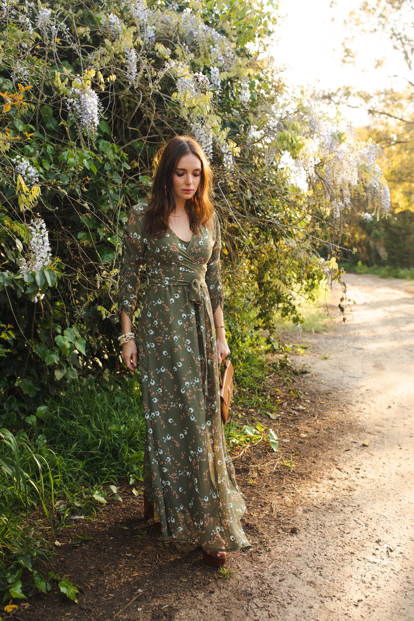 jennafer grace Signature Wrap Dress in Sage Blossom pale green maxi dress with pastel floral flower print with long waist tie and ruched sleeves boho bohemian hippie romantic whimsical spring gown wedding guest dress unisex handmade