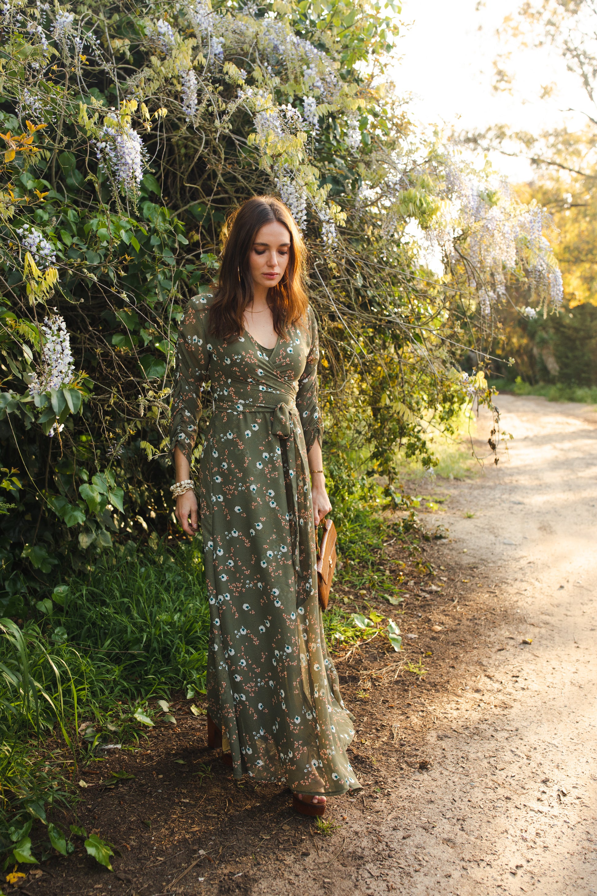 jennafer grace Signature Wrap Dress in Sage Blossom pale green maxi dress with pastel floral flower print with long waist tie and ruched sleeves boho bohemian hippie romantic whimsical spring gown wedding guest dress unisex handmade