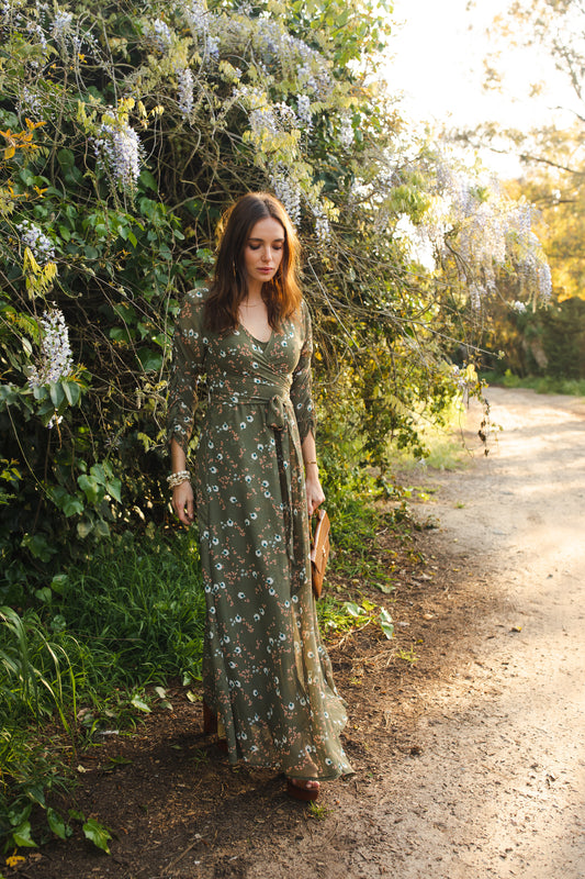 jennafer grace Signature Wrap Dress in Sage Blossom pale green maxi dress with pastel floral flower print with long waist tie and ruched sleeves boho bohemian hippie romantic whimsical spring gown wedding guest dress unisex handmade