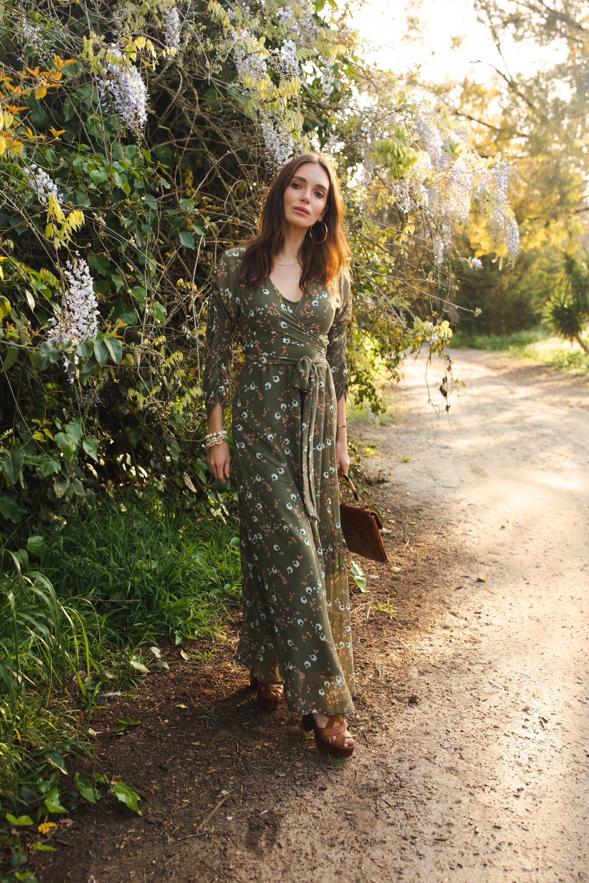 jennafer grace Signature Wrap Dress in Sage Blossom pale green maxi dress with pastel floral flower print with long waist tie and ruched sleeves boho bohemian hippie romantic whimsical spring gown wedding guest dress unisex handmade