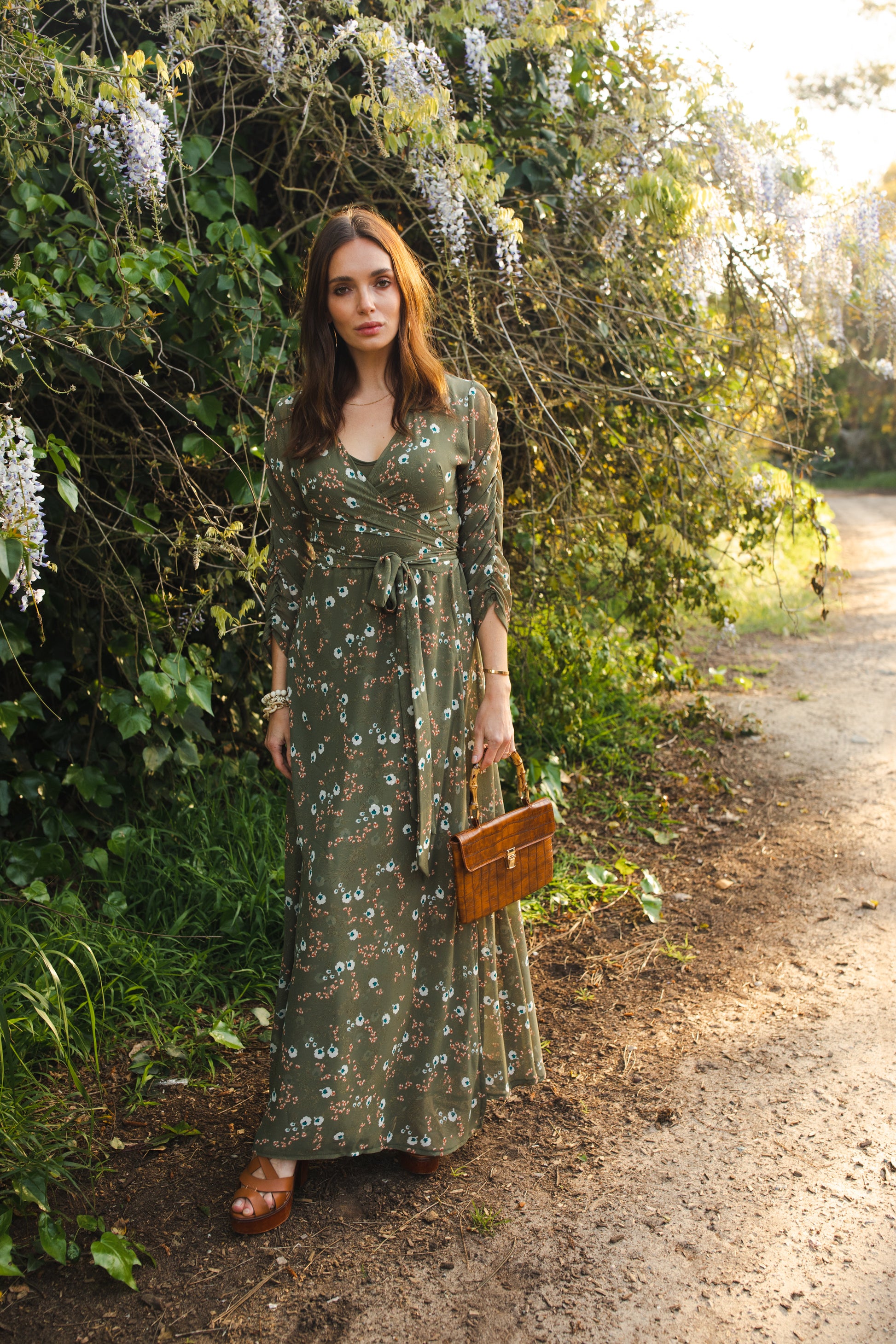 jennafer grace Signature Wrap Dress in Sage Blossom pale green maxi dress with pastel floral flower print with long waist tie and ruched sleeves boho bohemian hippie romantic whimsical spring gown wedding guest dress unisex handmade