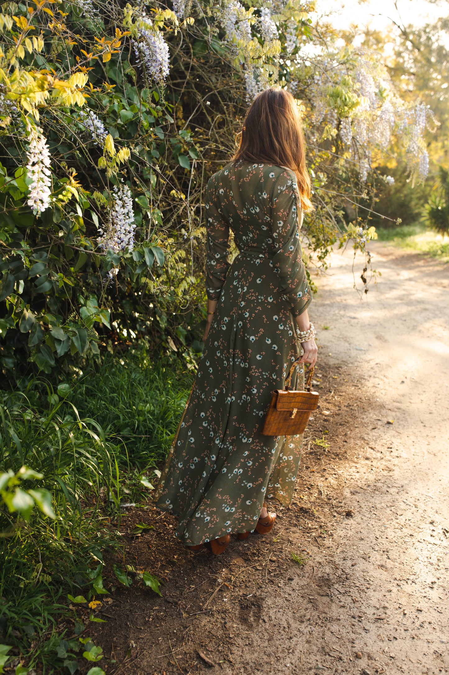 jennafer grace Signature Wrap Dress in Sage Blossom pale green maxi dress with pastel floral flower print with long waist tie and ruched sleeves boho bohemian hippie romantic whimsical spring gown wedding guest dress unisex handmade