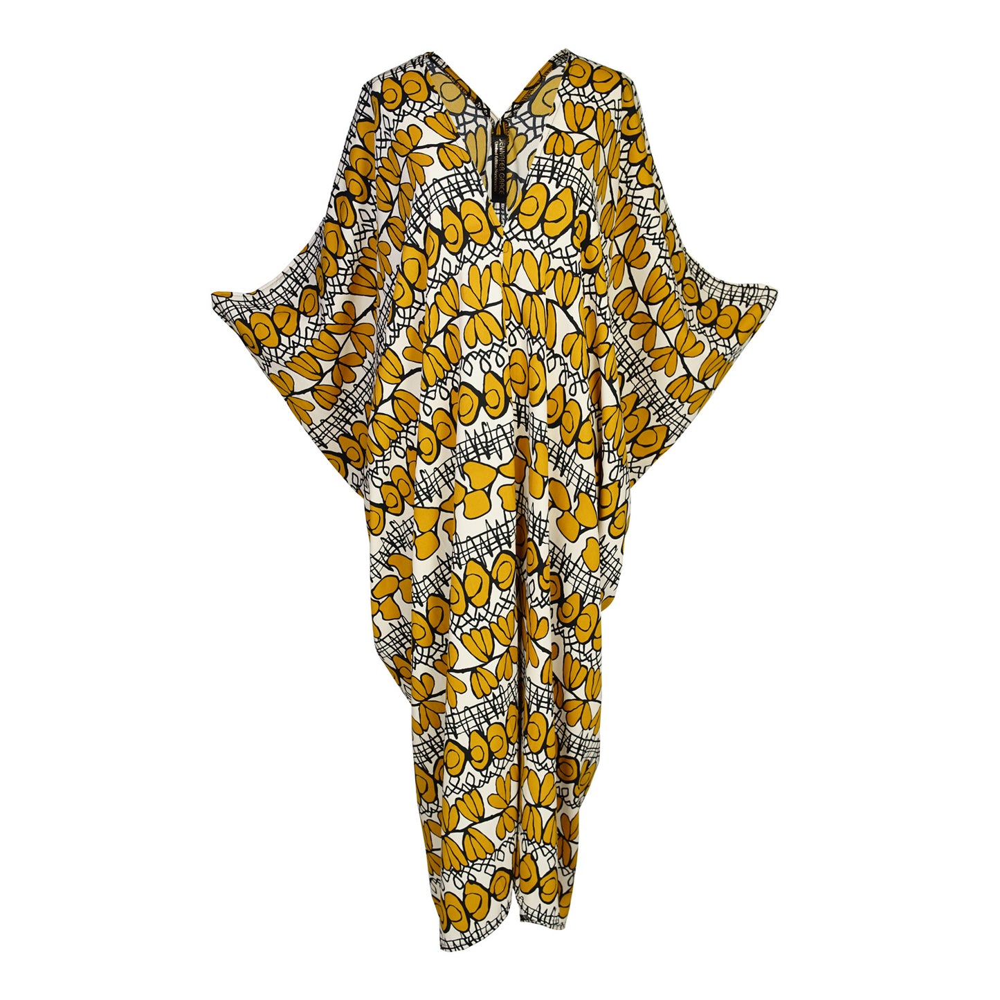 Full length retro patterned caftan. Vintage inspired with golden leaf-like pattern and black and white accent design. V-Neck style with batwing sleeves and ankle hem. 