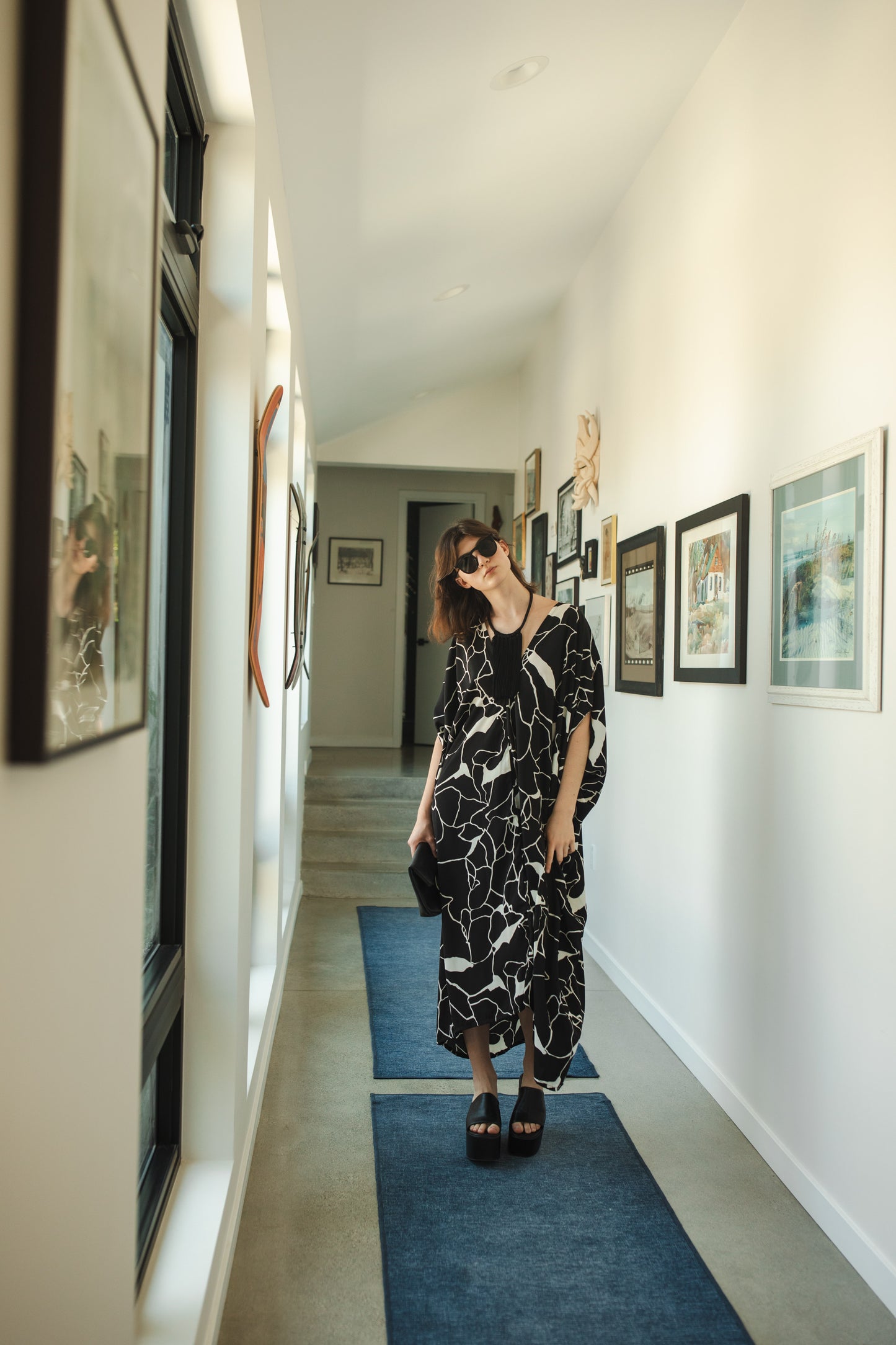 jennafer grace Spyglass Noir Caftan black and white abstract broken glass marble print kaftan mumu shift dress coverup casual boho bohemian hippie beach resort spa lounge loungewear layering unisex handmade in California USA