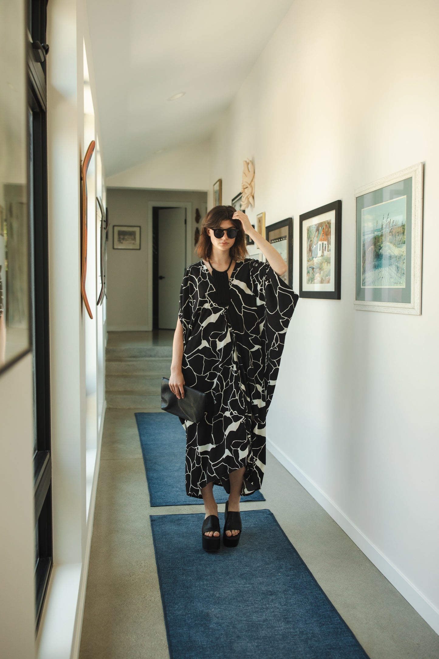 jennafer grace Spyglass Noir Caftan black and white abstract broken glass marble print kaftan mumu shift dress coverup casual boho bohemian hippie beach resort spa lounge loungewear layering unisex handmade in California USA