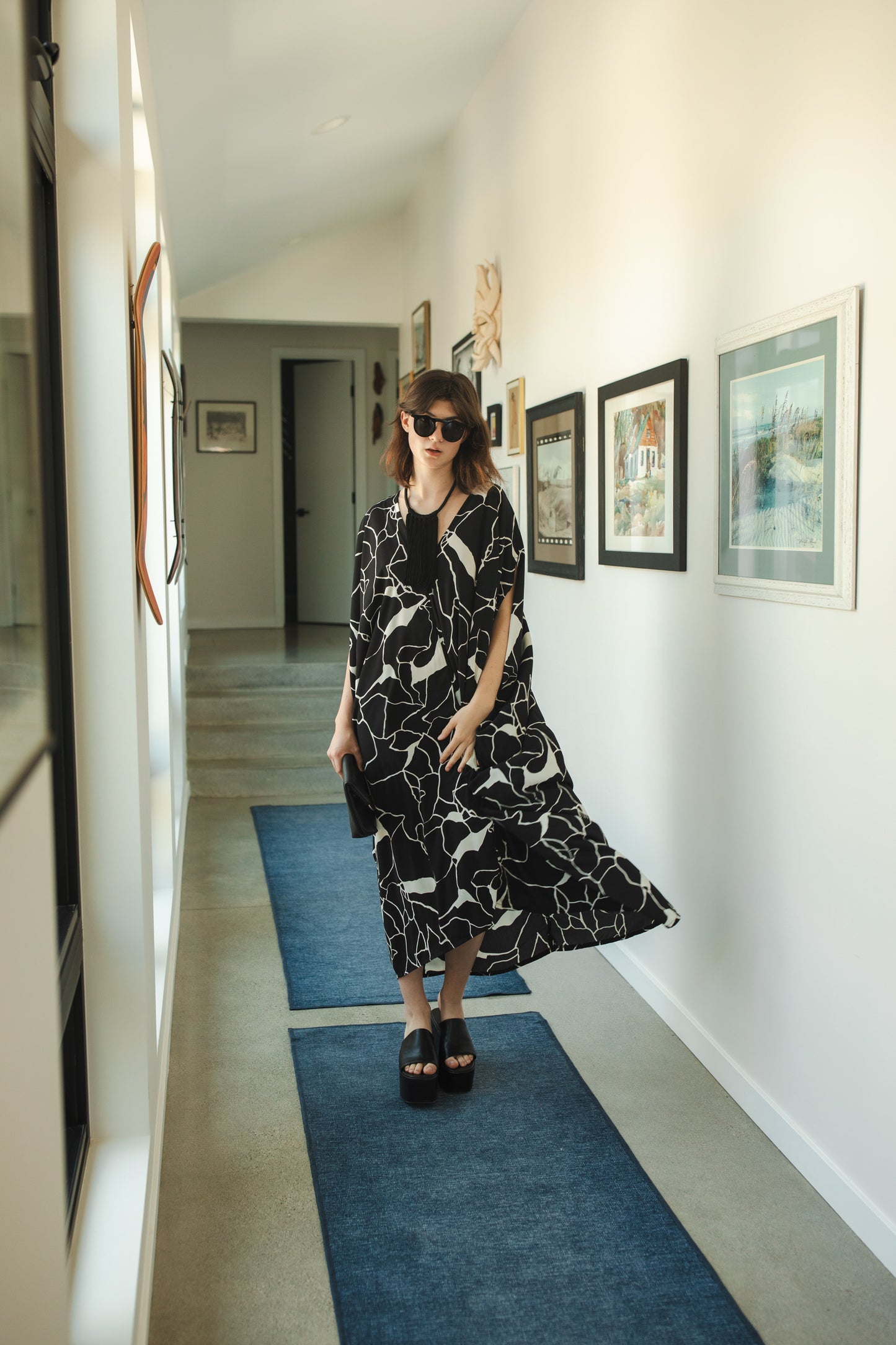 jennafer grace Spyglass Noir Caftan black and white abstract broken glass marble print kaftan mumu shift dress coverup casual boho bohemian hippie beach resort spa lounge loungewear layering unisex handmade in California USA