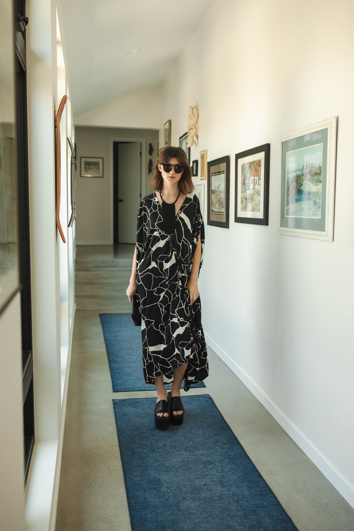 jennafer grace Spyglass Noir Caftan black and white abstract broken glass marble print kaftan mumu shift dress coverup casual boho bohemian hippie beach resort spa lounge loungewear layering unisex handmade in California USA