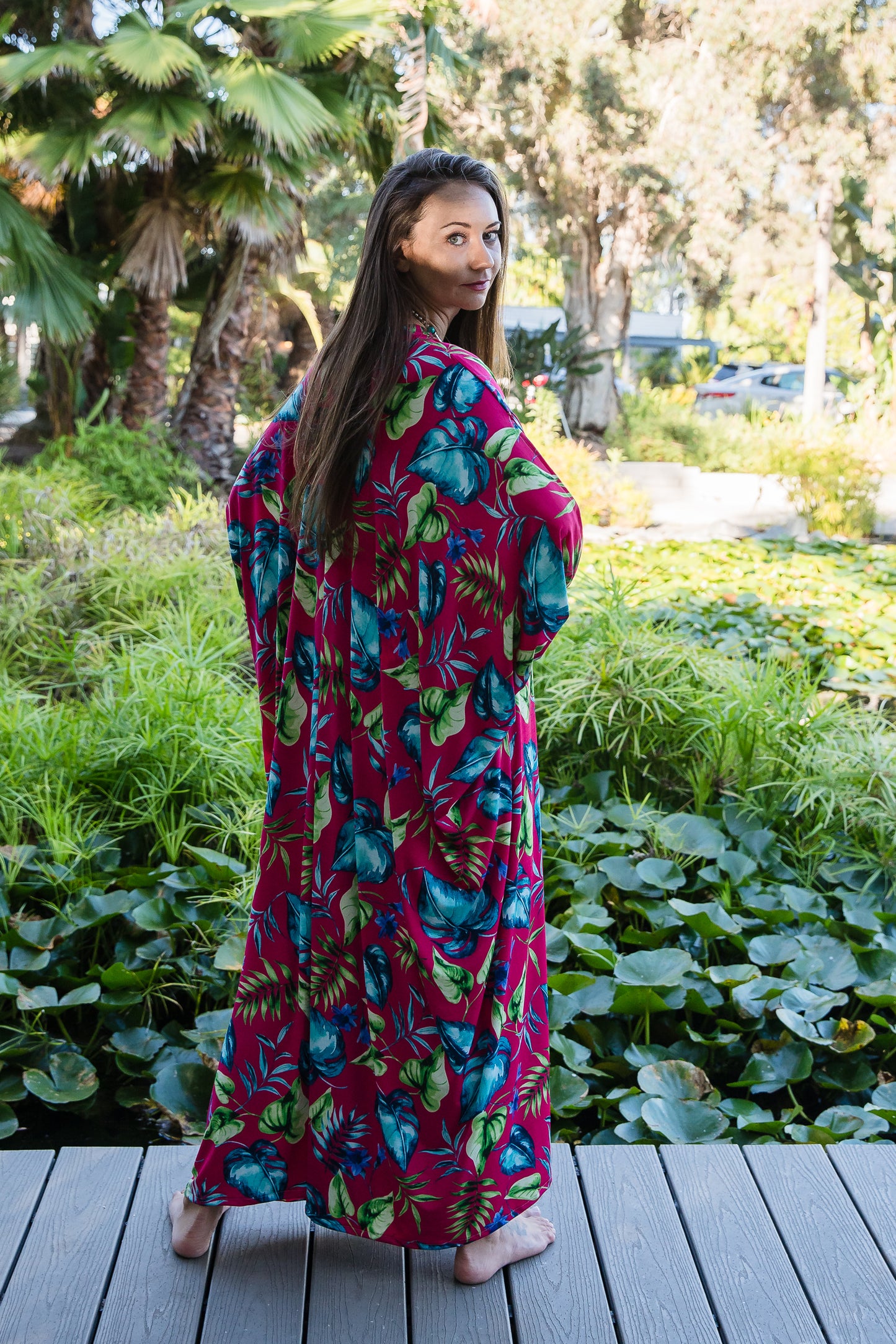 jennafer grace Surfer Rosa caftan neon tropical leaf print hot pink fuchsia aqua blue lime green kaftan mumu shift dress coverup casual boho bohemian hippie beach resort spa lounge loungewear layering unisex handmade in California USA
