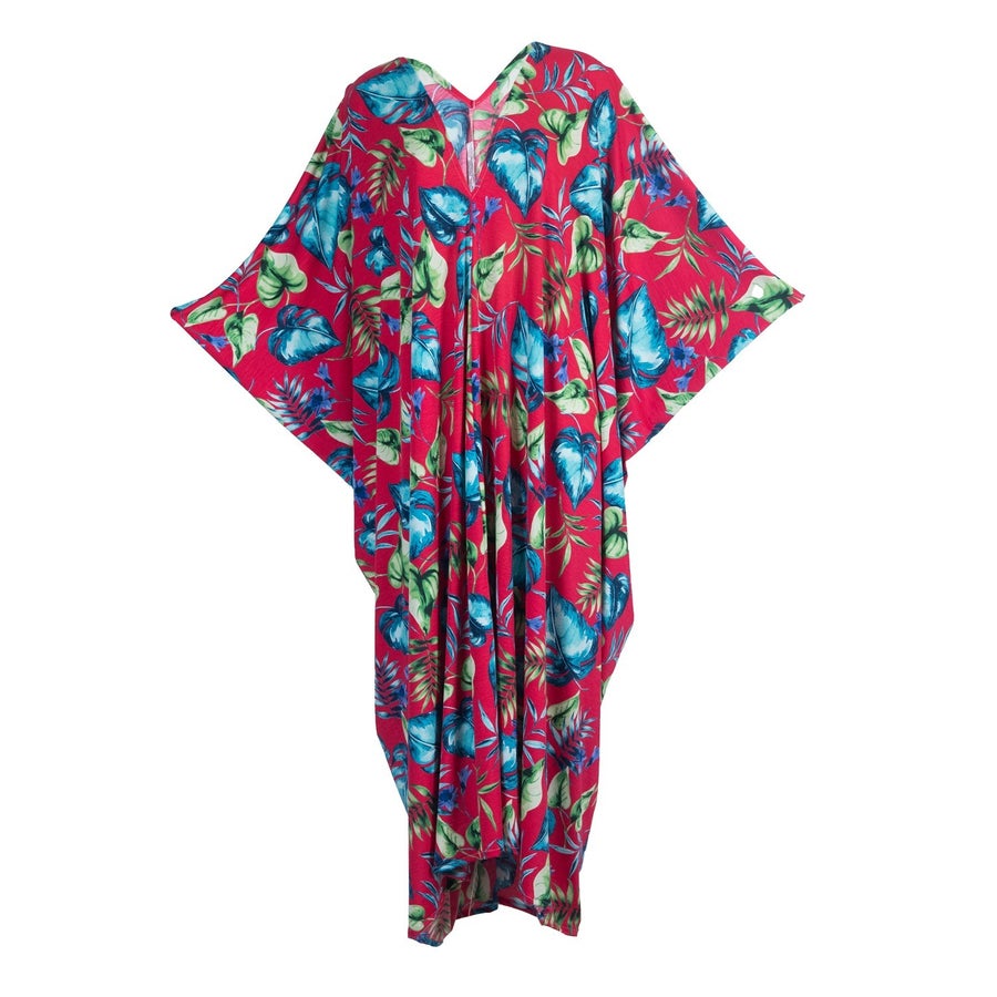 jennafer grace Surfer Rosa caftan neon tropical leaf print hot pink fuchsia aqua blue lime green kaftan mumu shift dress coverup casual boho bohemian hippie beach resort spa lounge loungewear layering unisex handmade in California USA