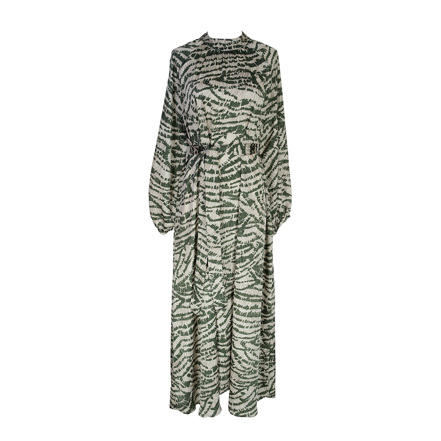 This sophisticated dress has all the right details -generous bishop sleeves, flowing maxi skirt, and a slim matching sash for a cinched waist. Crafted with a sleek, airy fabric that drapes beautifully to create a timeless silhouette