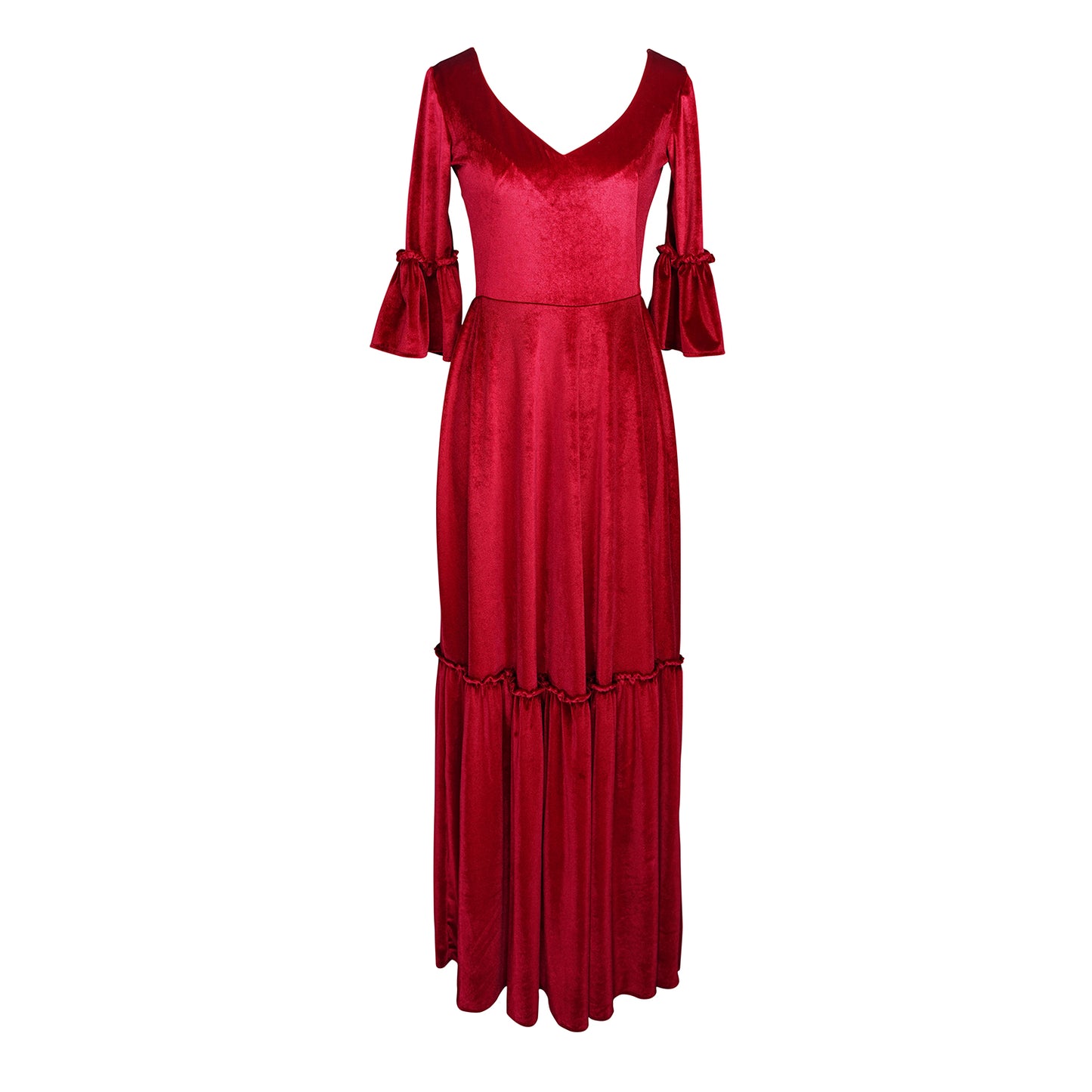 This deep red velvet sweetheart dress features bell sleeves and a full tiered ruffle skirt. With an optional sweetheart cut out in back, you can show off a little skin while still concealing your bra.