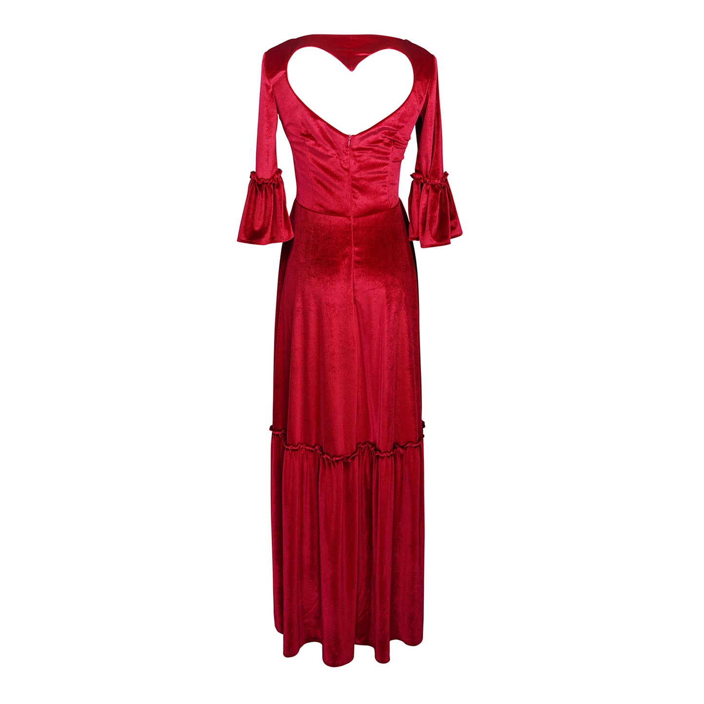 This deep red velvet sweetheart dress features bell sleeves and a full tiered ruffle skirt. With an optional sweetheart cut out in back, you can show off a little skin while still concealing your bra.