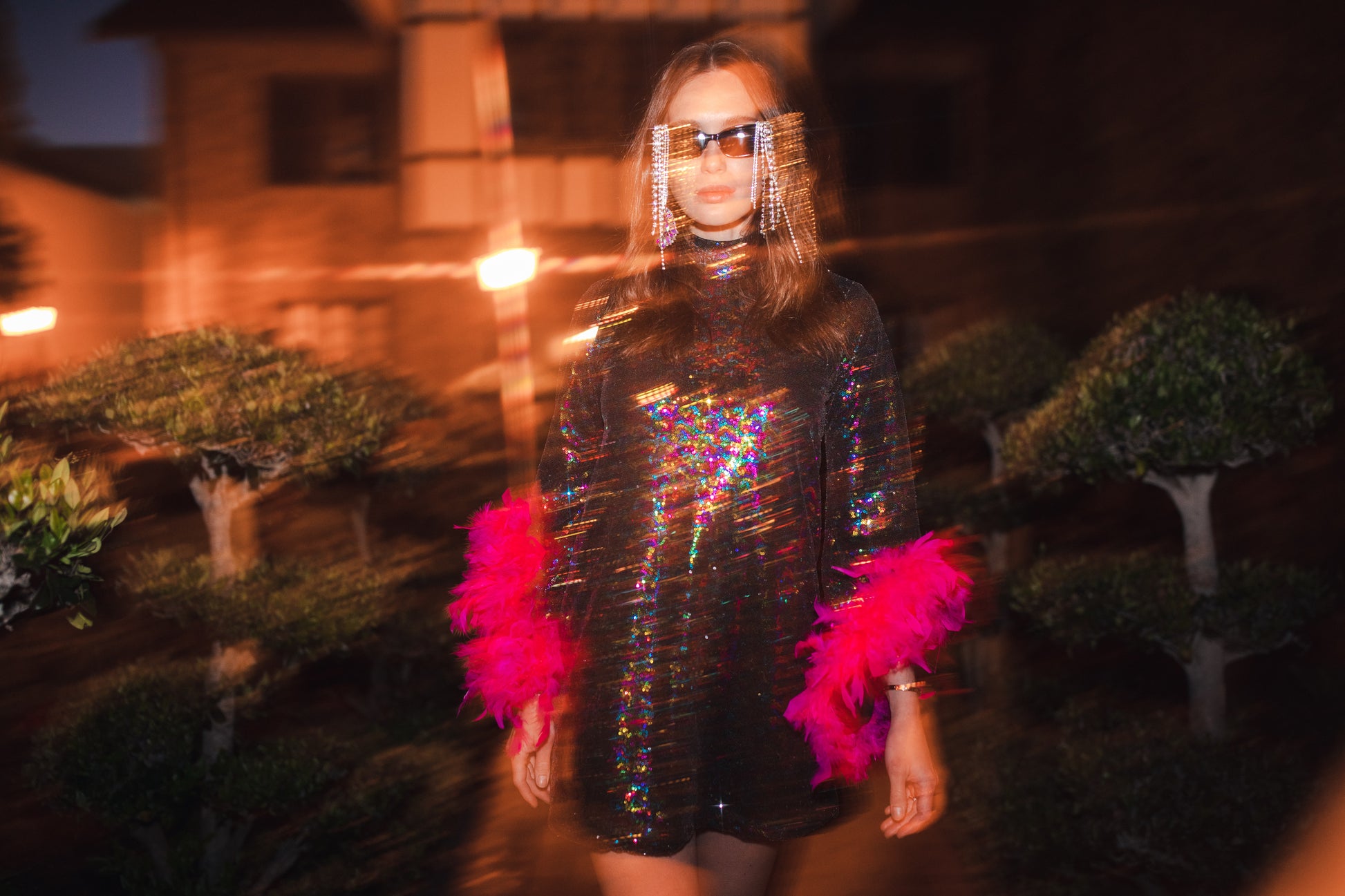 jennafer grace Time Warp Sequin Mini with Pink Feather Cuffs retro 1960s 60s revival mod mini dress with rainbow sequins bell sleeves feathered cuffs boho bohemian hippie romantic whimsical handmade in California USA
