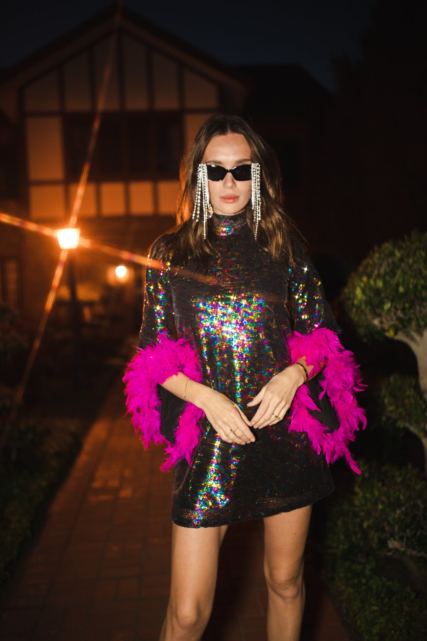 jennafer grace Time Warp Sequin Mini with Pink Feather Cuffs retro 1960s 60s revival mod mini dress with rainbow sequins bell sleeves feathered cuffs boho bohemian hippie romantic whimsical handmade in California USA