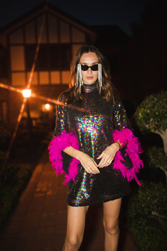 jennafer grace Time Warp Sequin Mini with Pink Feather Cuffs retro 1960s 60s revival mod mini dress with rainbow sequins bell sleeves feathered cuffs boho bohemian hippie romantic whimsical handmade in California USA