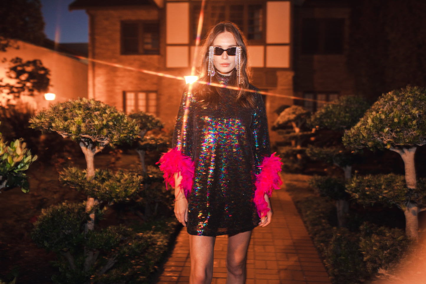 jennafer grace Time Warp Sequin Mini with Pink Feather Cuffs retro 1960s 60s revival mod mini dress with rainbow sequins bell sleeves feathered cuffs boho bohemian hippie romantic whimsical handmade in California USA