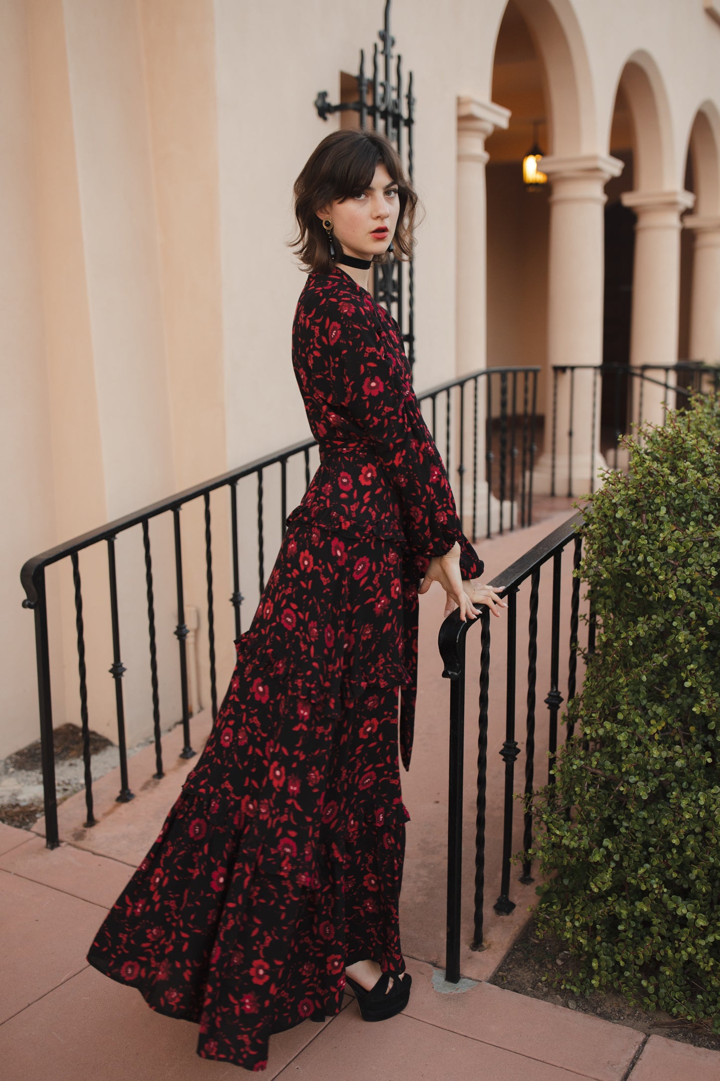 jennafer grace Vampira Love Maxi Dress black & scarlet red crimson floral long sleeve dress with high neck cinched waist tie bishop sleeve retro vintage goth gothic evening dress boho bohemian hippie romantic whimsical handmade in California USA