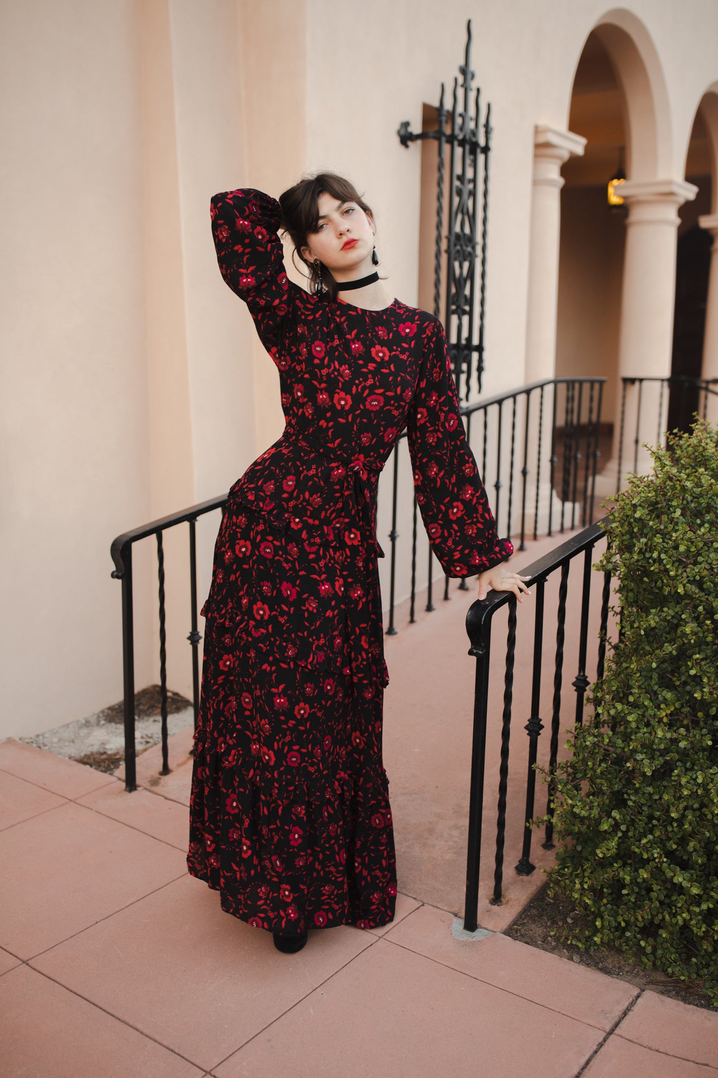 jennafer grace Vampira Love Maxi Dress black & scarlet red crimson floral long sleeve dress with high neck cinched waist tie bishop sleeve retro vintage goth gothic evening dress boho bohemian hippie romantic whimsical handmade in California USA