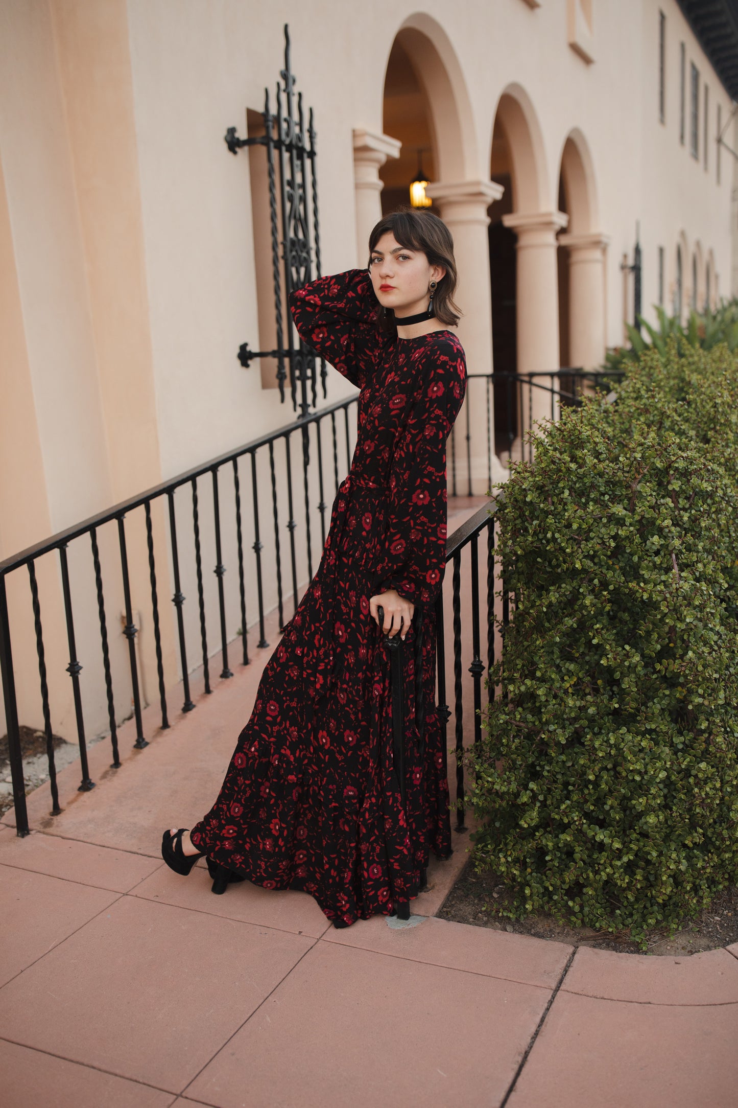 jennafer grace Vampira Love Maxi Dress black & scarlet red crimson floral long sleeve dress with high neck cinched waist tie bishop sleeve retro vintage goth gothic evening dress boho bohemian hippie romantic whimsical handmade in California USA