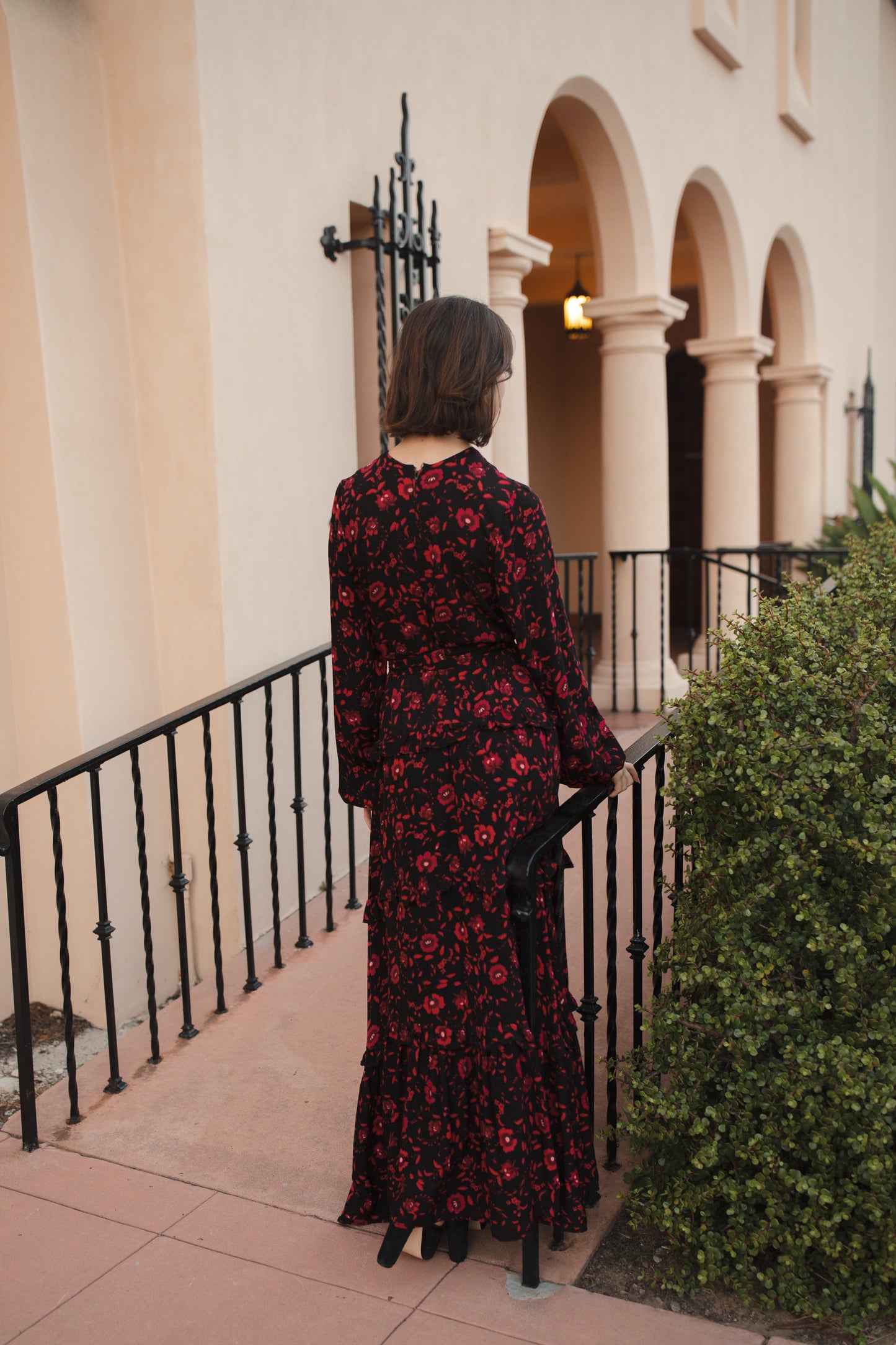 jennafer grace Vampira Love Maxi Dress black & scarlet red crimson floral long sleeve dress with high neck cinched waist tie bishop sleeve retro vintage goth gothic evening dress boho bohemian hippie romantic whimsical handmade in California USA