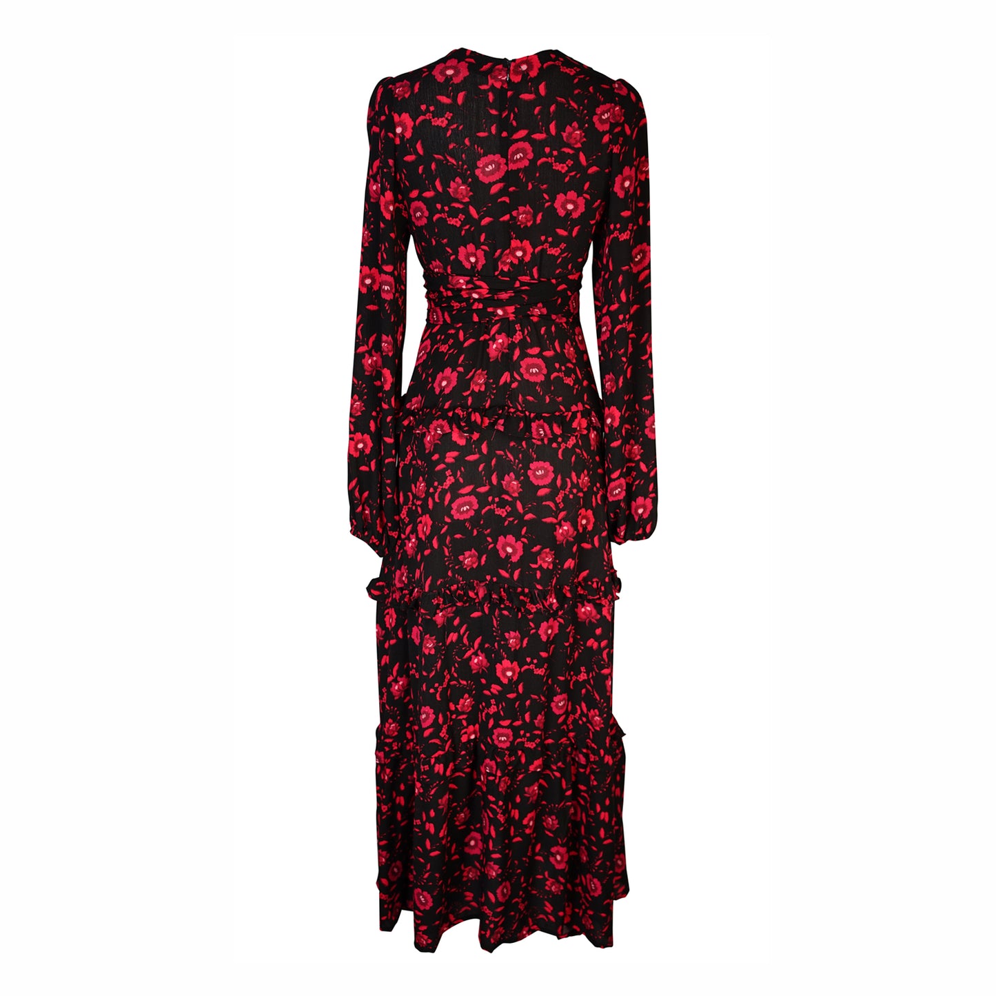 jennafer grace Vampira Love Maxi Dress black & scarlet red crimson floral long sleeve dress with high neck cinched waist tie bishop sleeve retro vintage goth gothic evening dress boho bohemian hippie romantic whimsical handmade in California USA