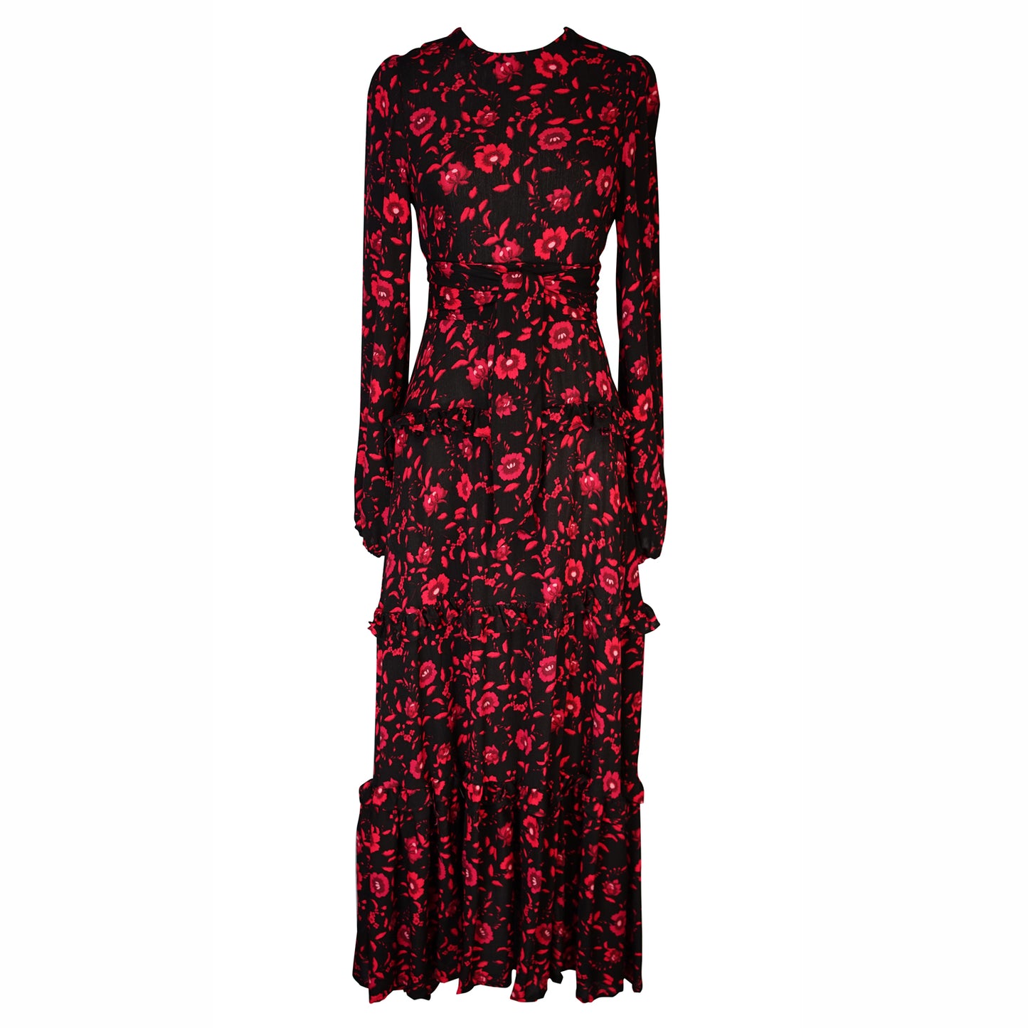 jennafer grace Vampira Love Maxi Dress black & scarlet red crimson floral long sleeve dress with high neck cinched waist tie bishop sleeve retro vintage goth gothic evening dress boho bohemian hippie romantic whimsical handmade in California USA